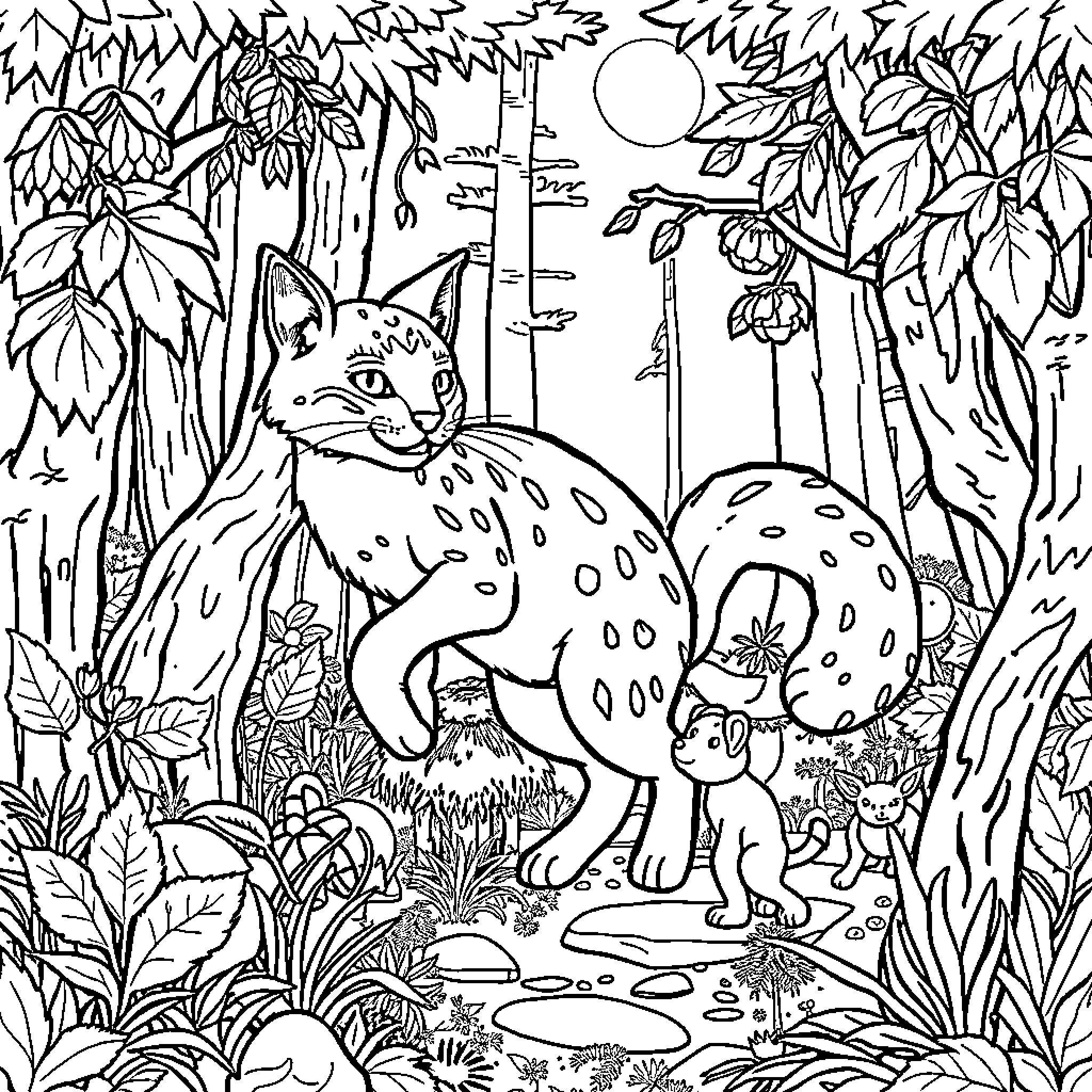Lynx exploring the lush forest landscape Coloring Page (free black-and-white line drawing printable PDF for all, from beginners to advanced learners, including children, teens, adults, and seniors)