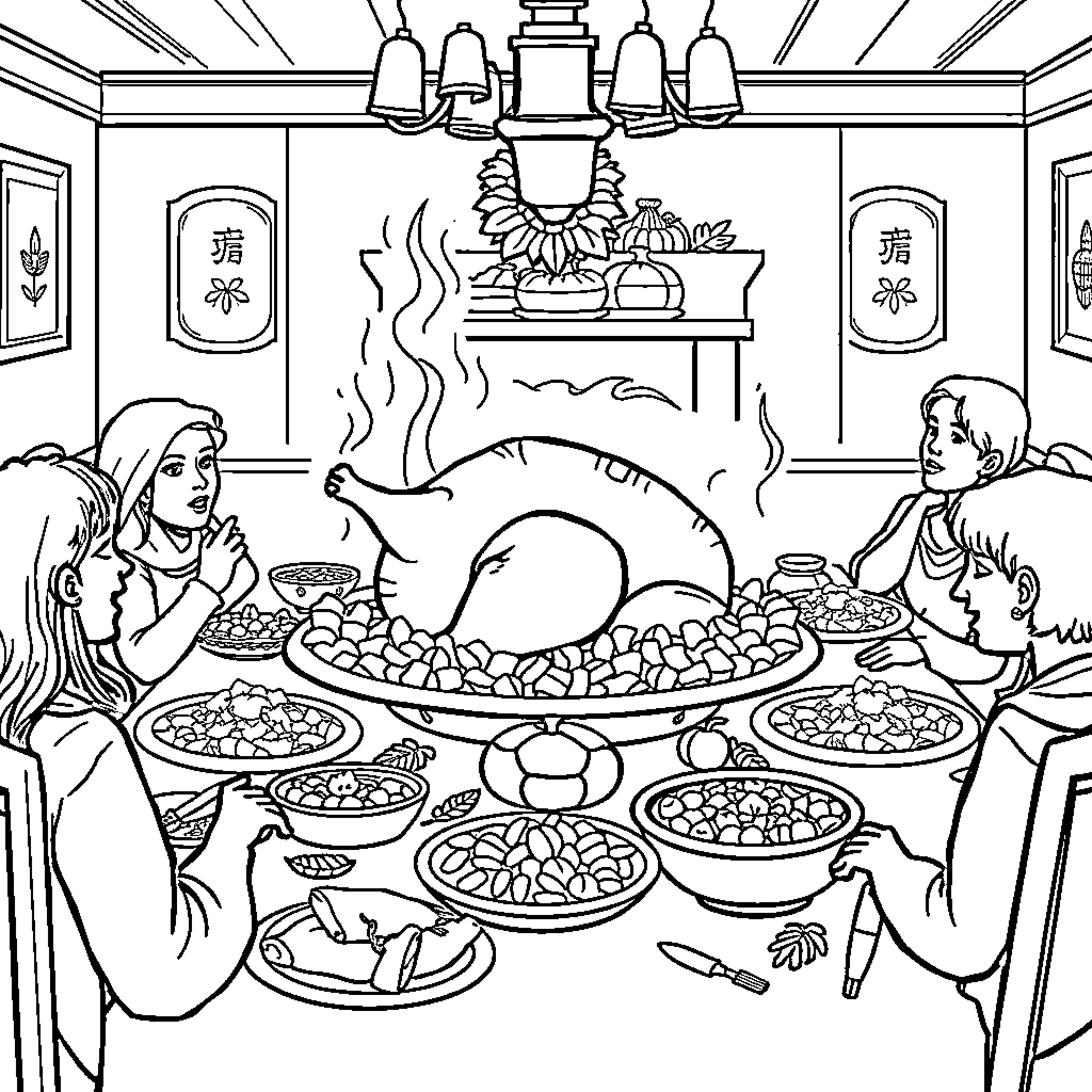 Thanksgiving Family Dinner Celebration Coloring Page (free black-and-white line drawing printable PDF for all, from beginners to advanced learners, including children, teens, adults, and seniors)