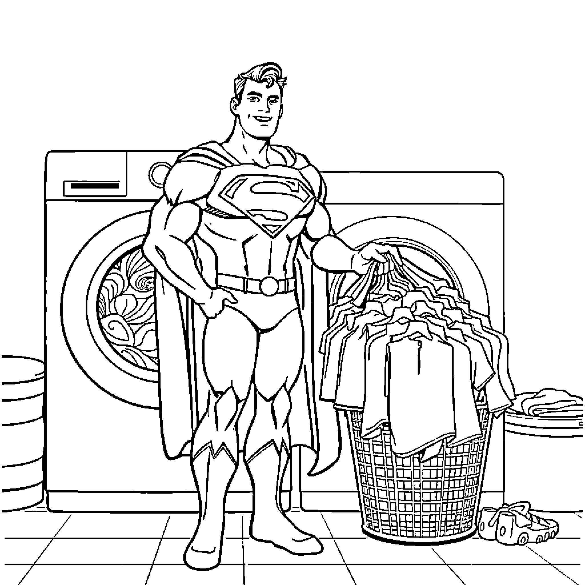 Superman doing laundry with superhero attire Coloring Page (free black-and-white line drawing printable PDF for all, from beginners to advanced learners, including children, teens, adults, and seniors)