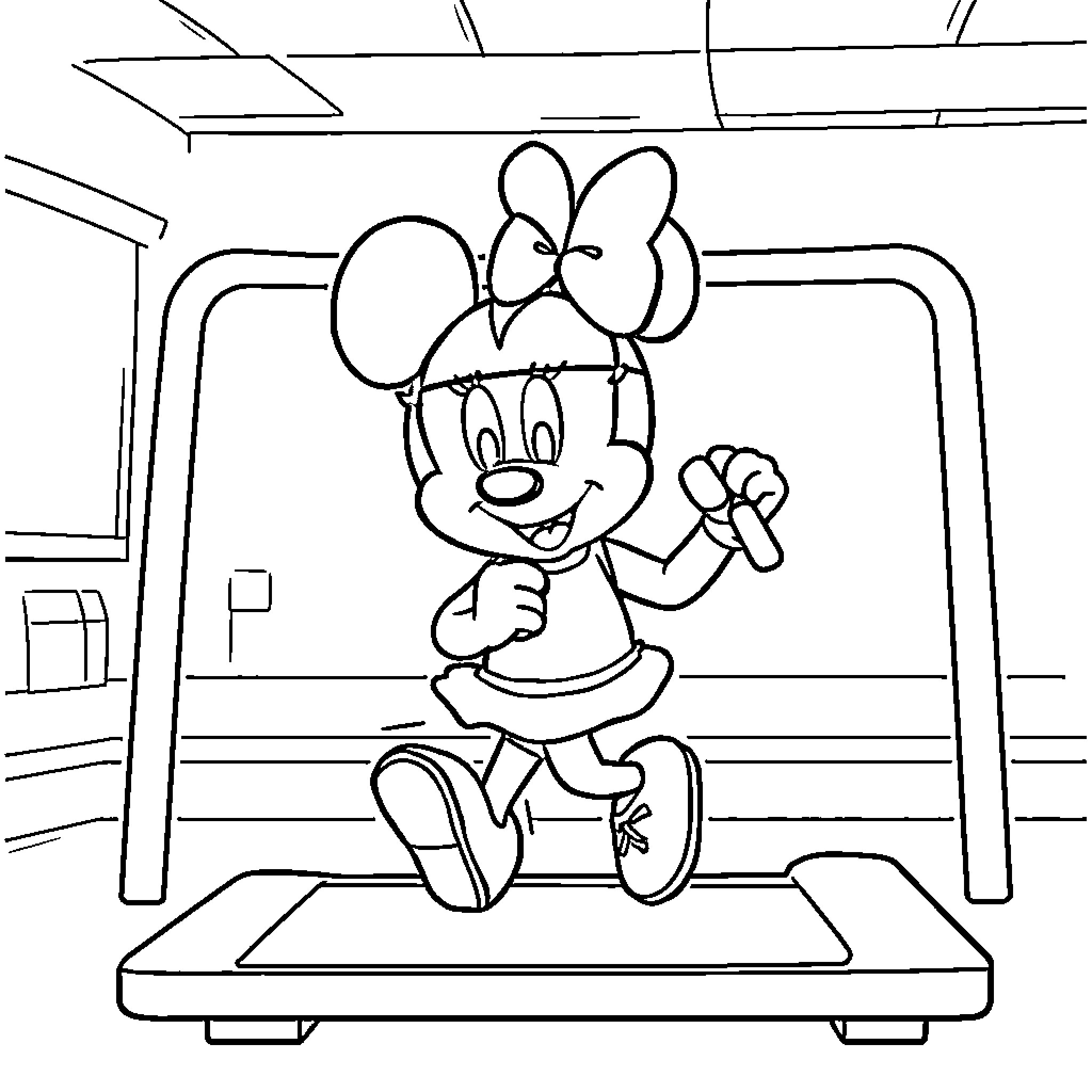 Mini Mouse exercising on treadmill Coloring Page (free black-and-white line drawing printable PDF for all, from beginners to advanced learners, including children, teens, adults, and seniors)
