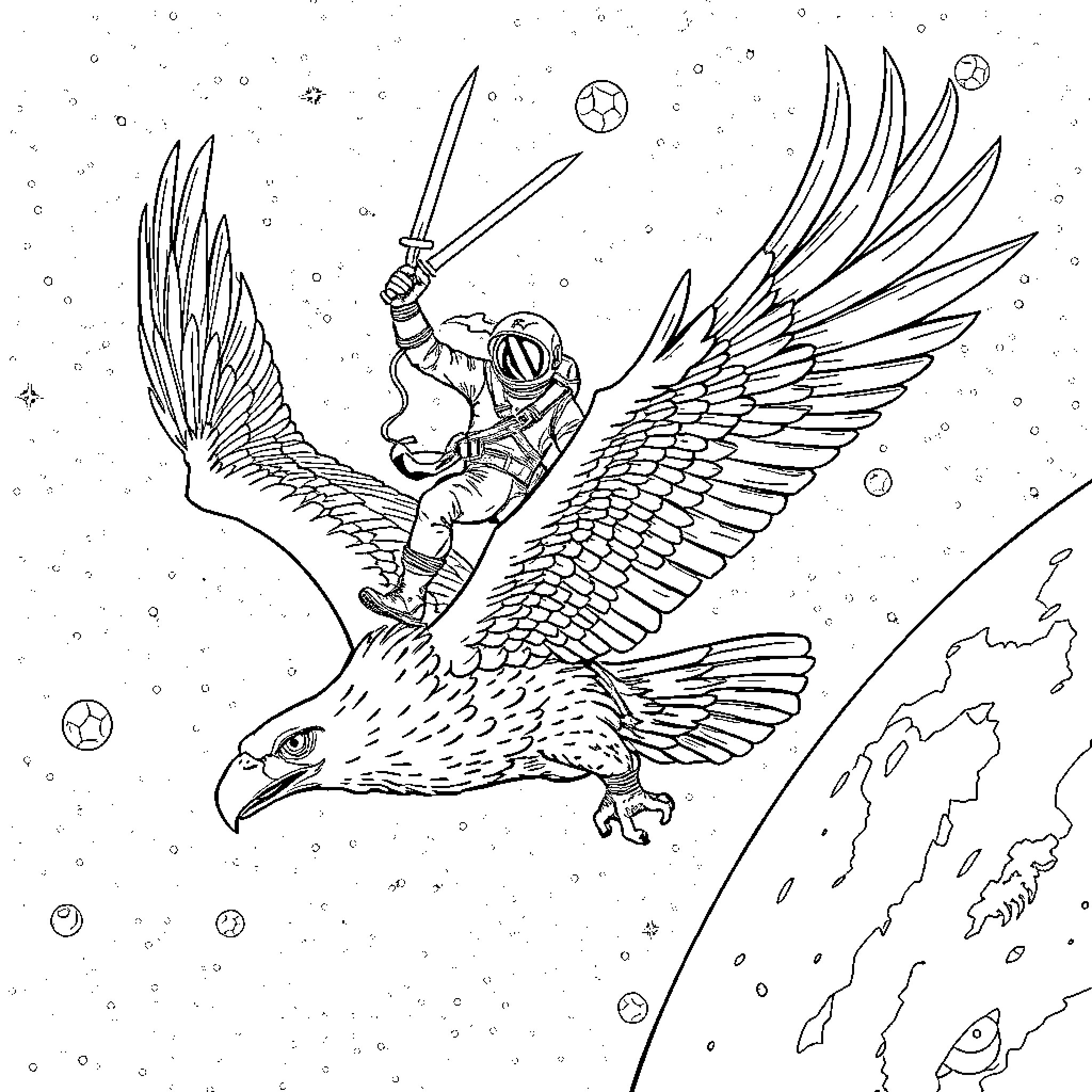 Astronaut soaring through space on a winged creature Coloring Page (free black-and-white line drawing printable PDF for all, from beginners to advanced learners, including children, teens, adults, and seniors)
