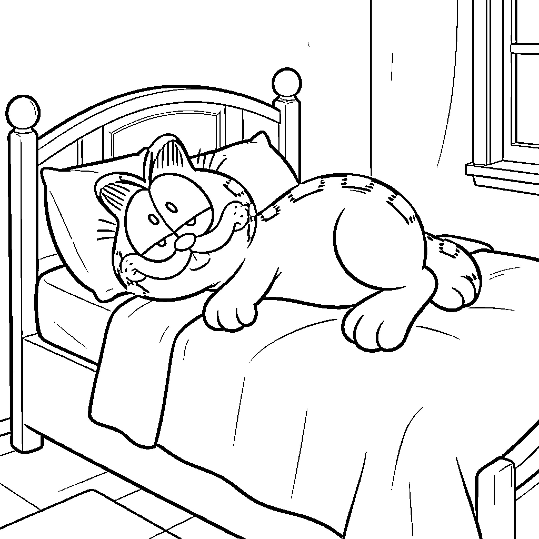 Garfield resting comfortably in his bedroom Coloring Page (free black-and-white line drawing printable PDF for all, from beginners to advanced learners, including children, teens, adults, and seniors)