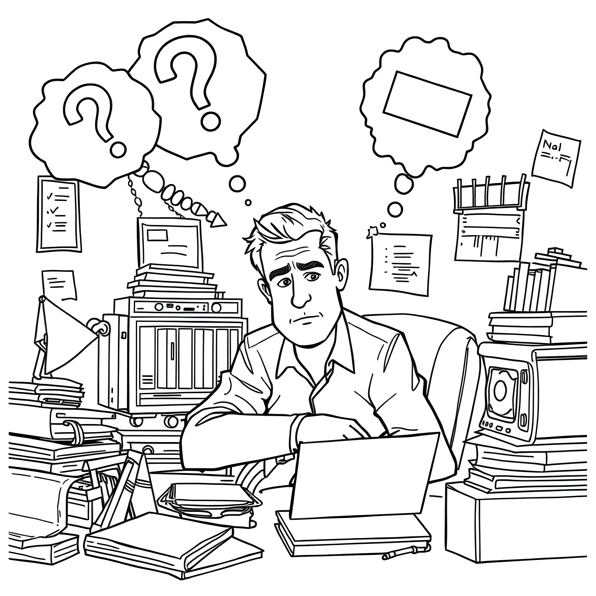 Man working diligently at a cluttered desk Coloring Page (free black-and-white line drawing printable PDF for all, from beginners to advanced learners, including children, teens, adults, and seniors)
