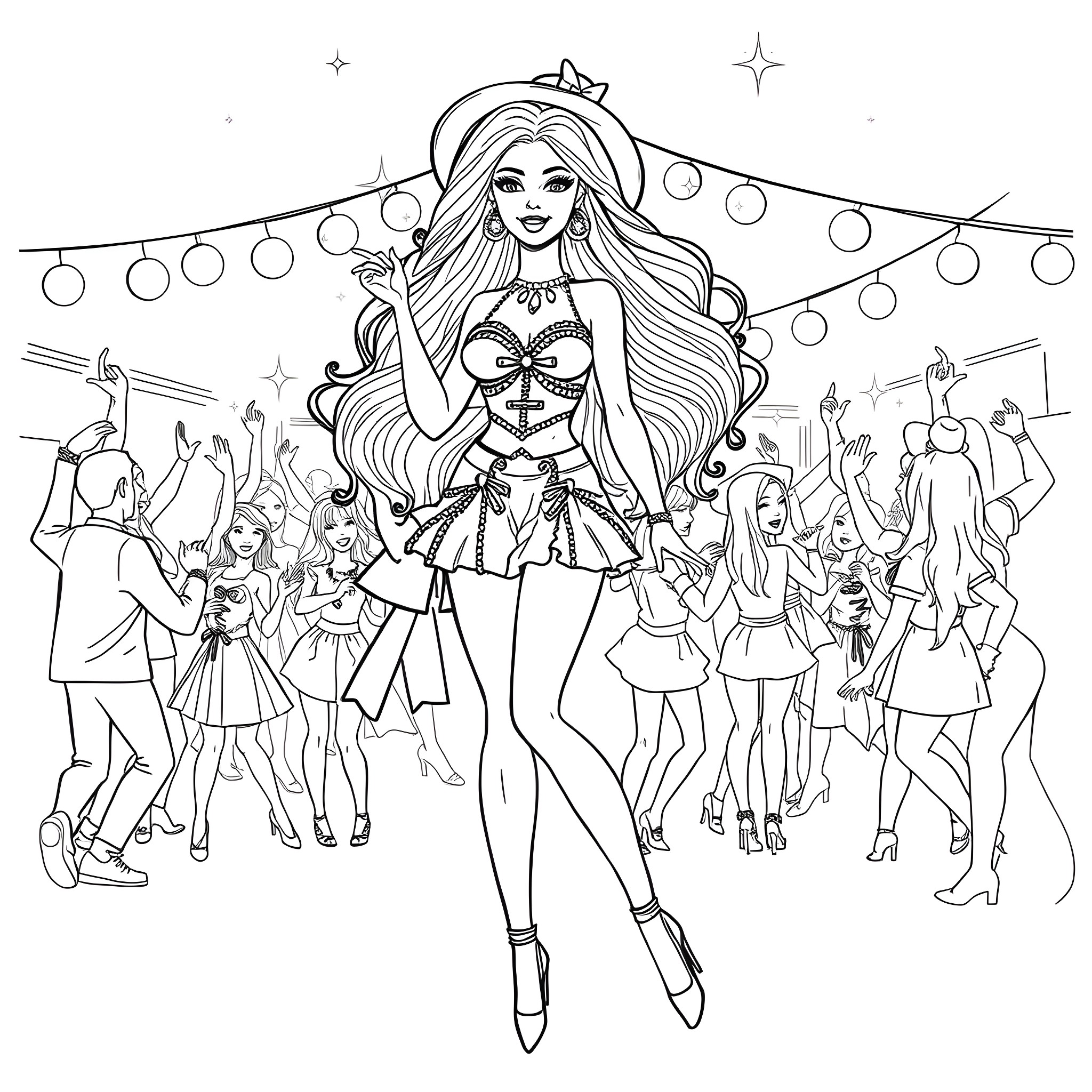 Barbie hosting a lively costume party with friends Coloring Page (free black-and-white line drawing printable PDF for all, from beginners to advanced learners, including children, teens, adults, and seniors)