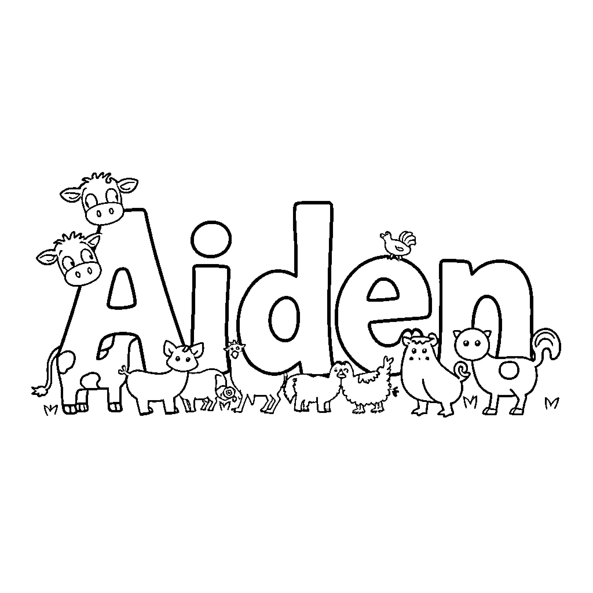 Farm Animals Forming the Name 'Aiden' Coloring Page (free black-and-white line drawing printable PDF for all, from beginners to advanced learners, including children, teens, adults, and seniors)