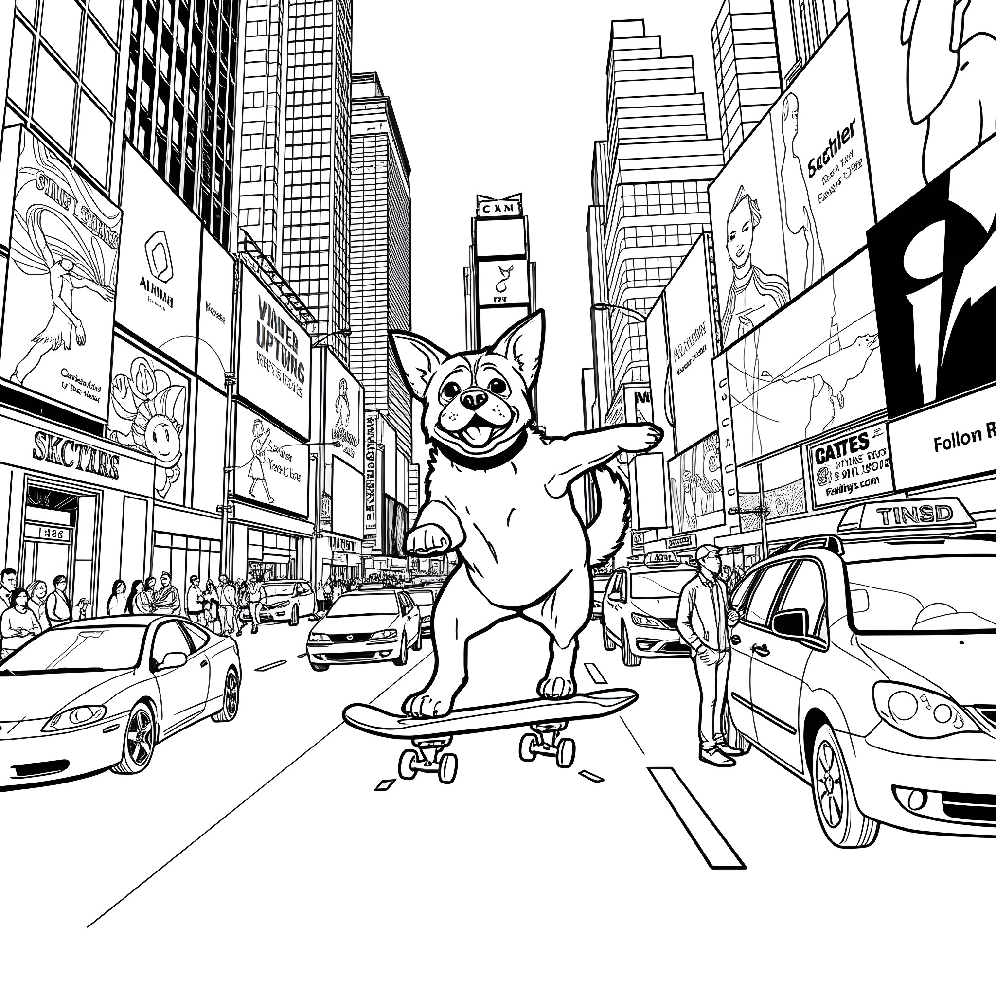 Dog riding skateboard in bustling city Coloring Page (free black-and-white line drawing printable PDF for all, from beginners to advanced learners, including children, teens, adults, and seniors)