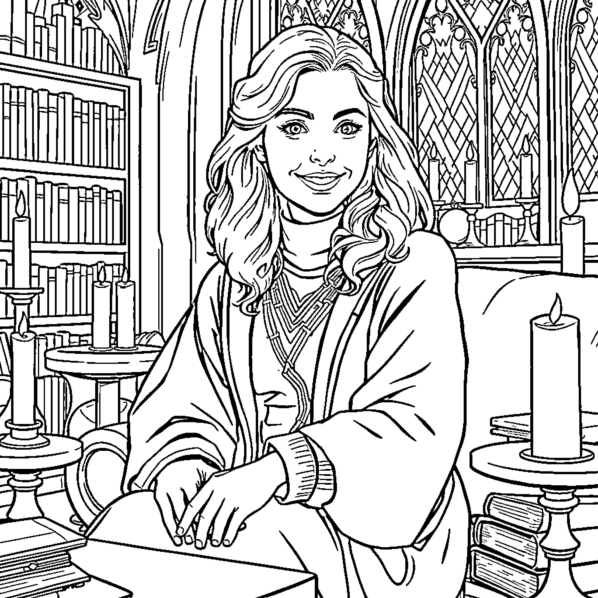 Hermione Granger studying in the Hogwarts library Coloring Page (free black-and-white line drawing printable PDF for all, from beginners to advanced learners, including children, teens, adults, and seniors)