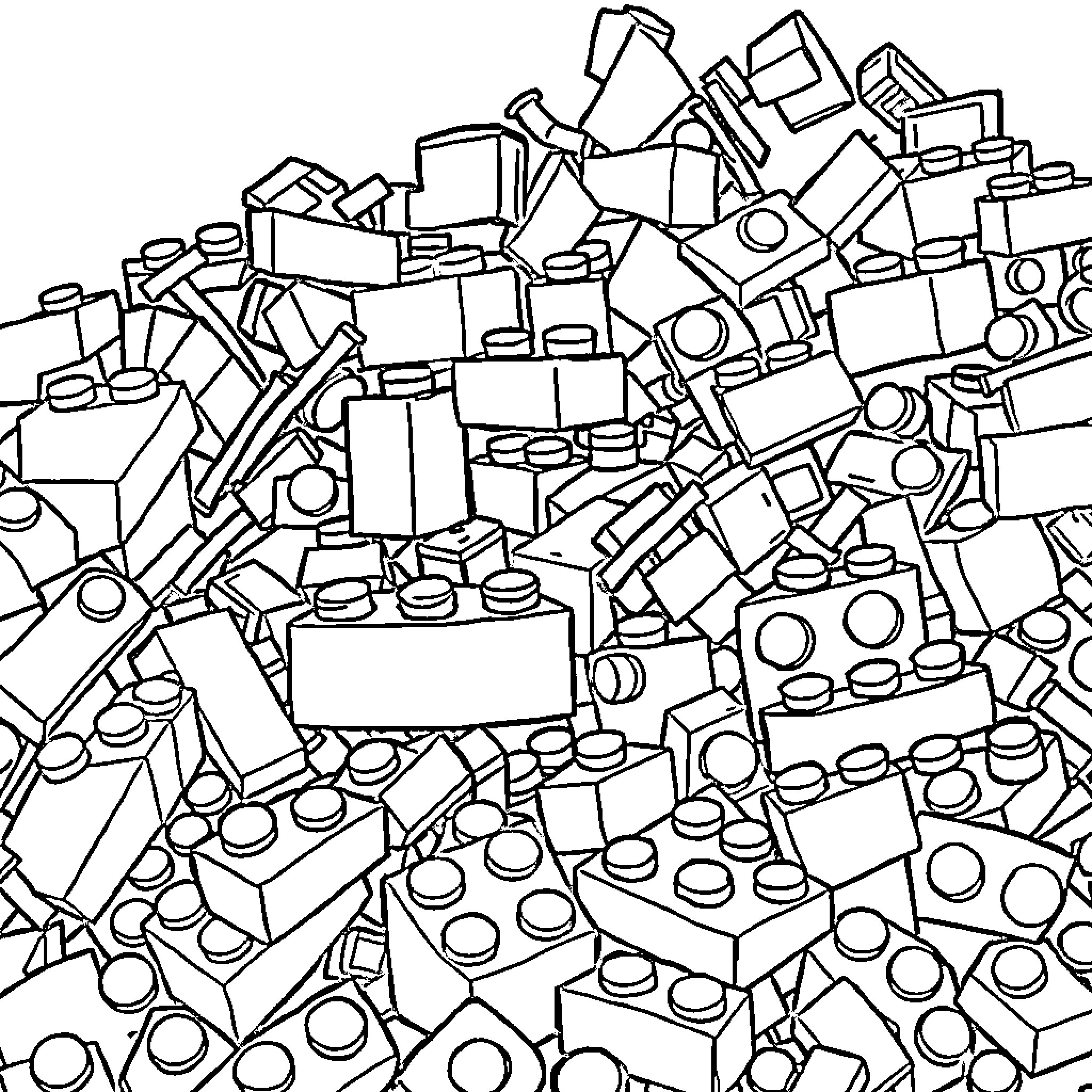 Lego bricks scattered in a disorganized pattern Coloring Page (free black-and-white line drawing printable PDF for all, from beginners to advanced learners, including children, teens, adults, and seniors)