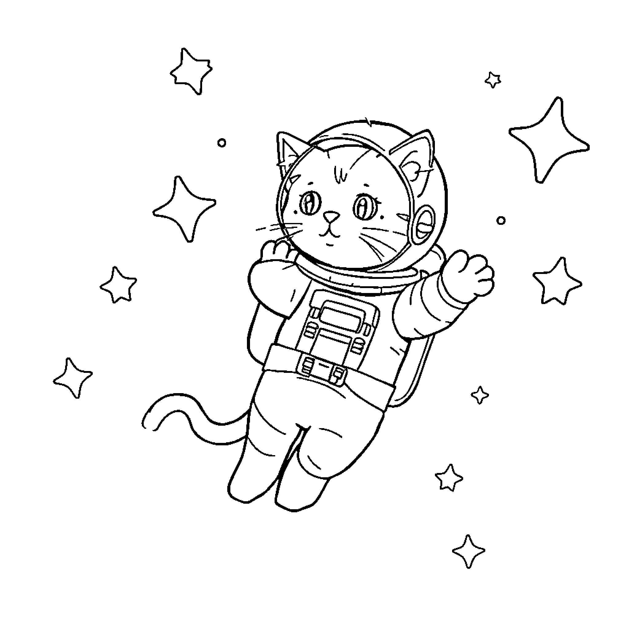 Cat astronaut exploring the starry night sky Coloring Page (free black-and-white line drawing printable PDF for all, from beginners to advanced learners, including children, teens, adults, and seniors)
