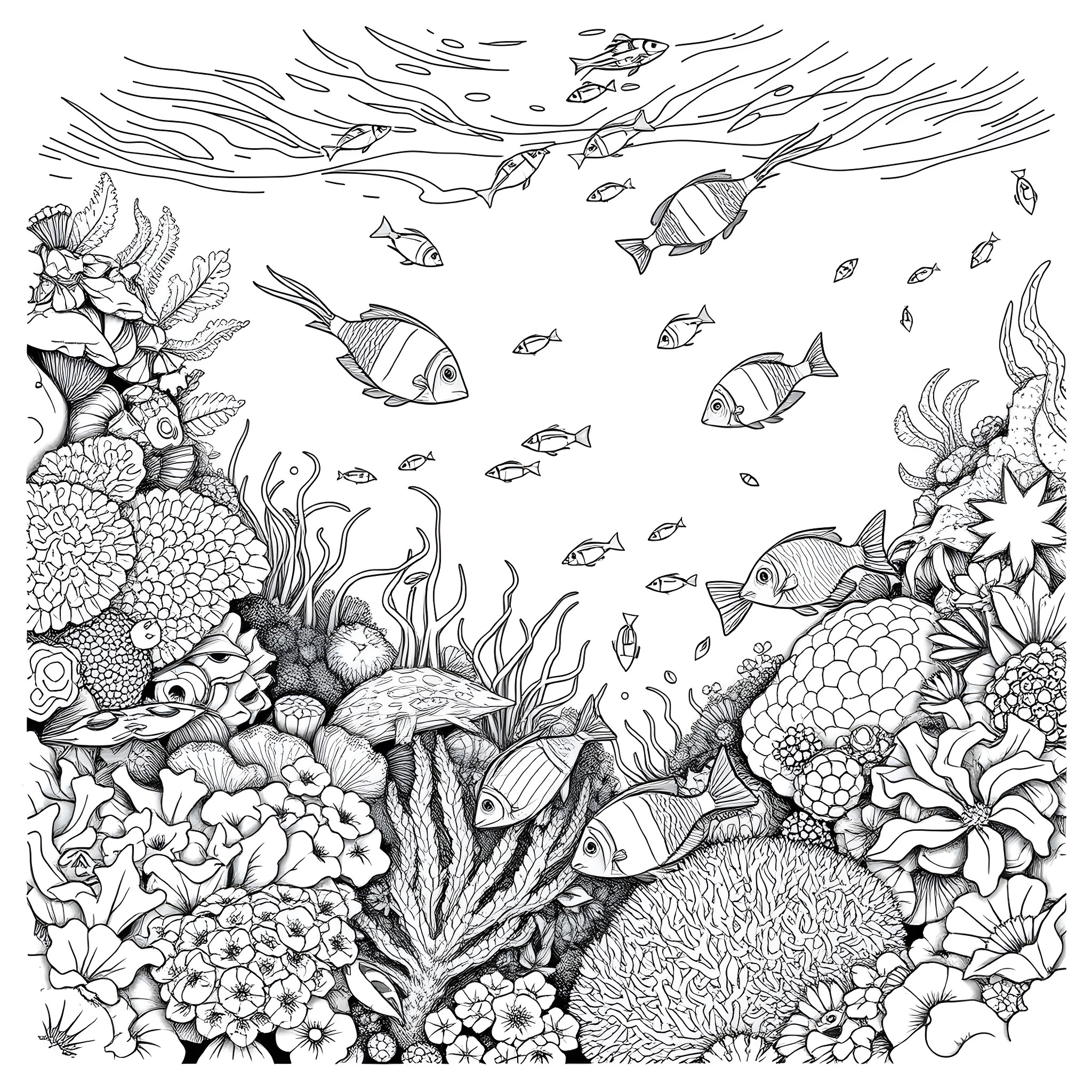 Fish swimming through a vibrant underwater garden Coloring Page (free black-and-white line drawing printable PDF for all, from beginners to advanced learners, including children, teens, adults, and seniors)