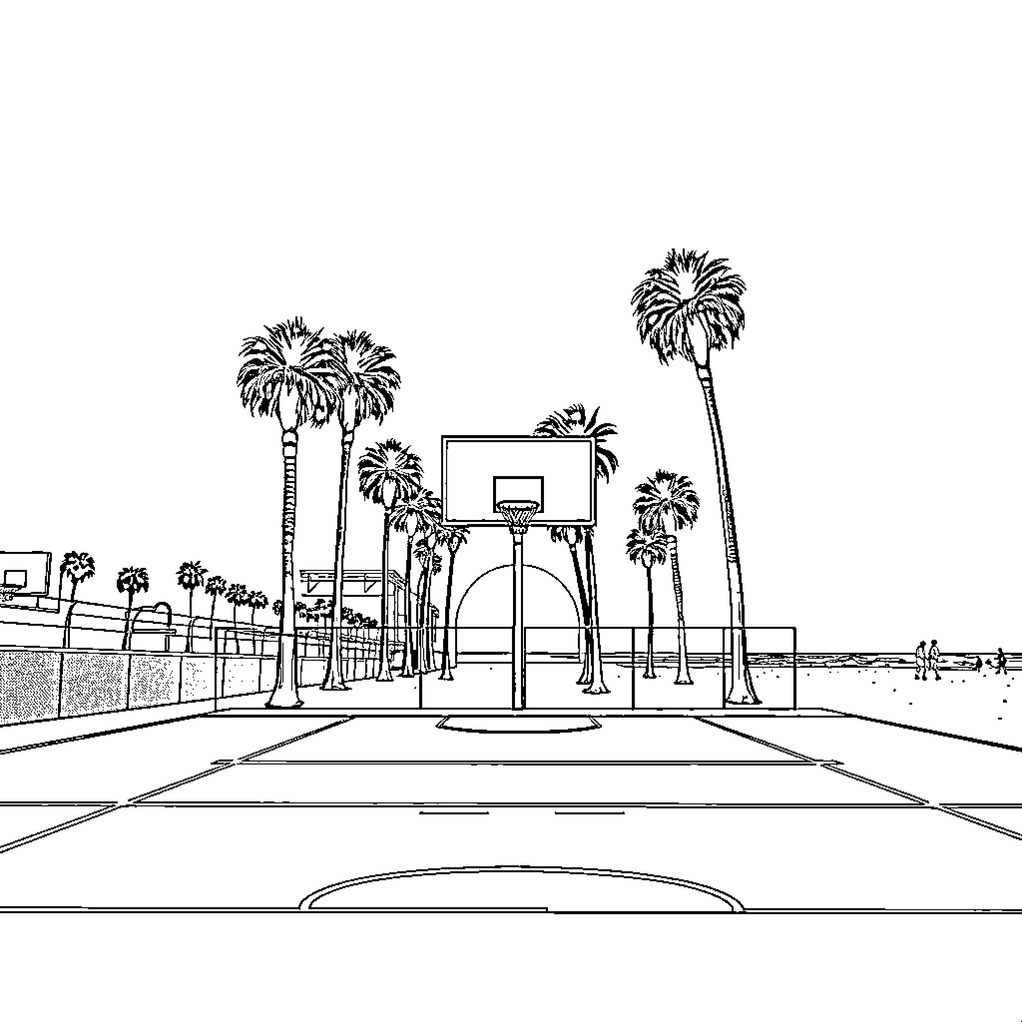 Basket of palm trees and basketball court Coloring Page (free black-and-white line drawing printable PDF for all, from beginners to advanced learners, including children, teens, adults, and seniors)