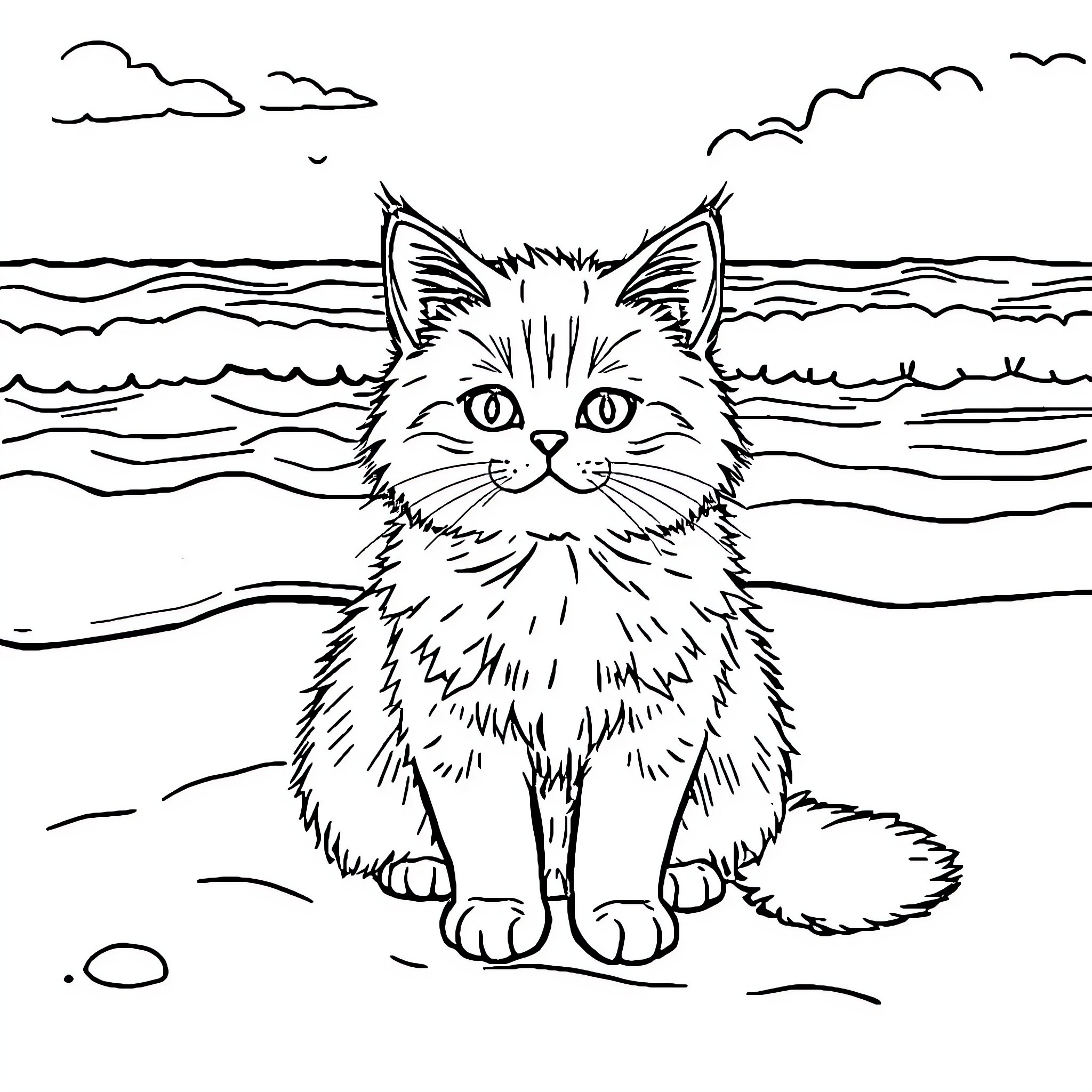 Cat by the Seaside Coloring Page (free black-and-white line drawing printable PDF for all, from beginners to advanced learners, including children, teens, adults, and seniors)