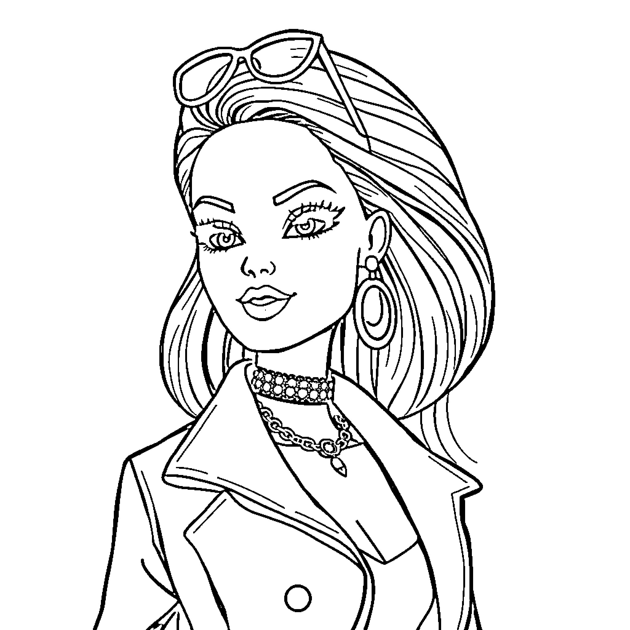 Barbie in stylish aviator outfit Coloring Page (free black-and-white line drawing printable PDF for all, from beginners to advanced learners, including children, teens, adults, and seniors)