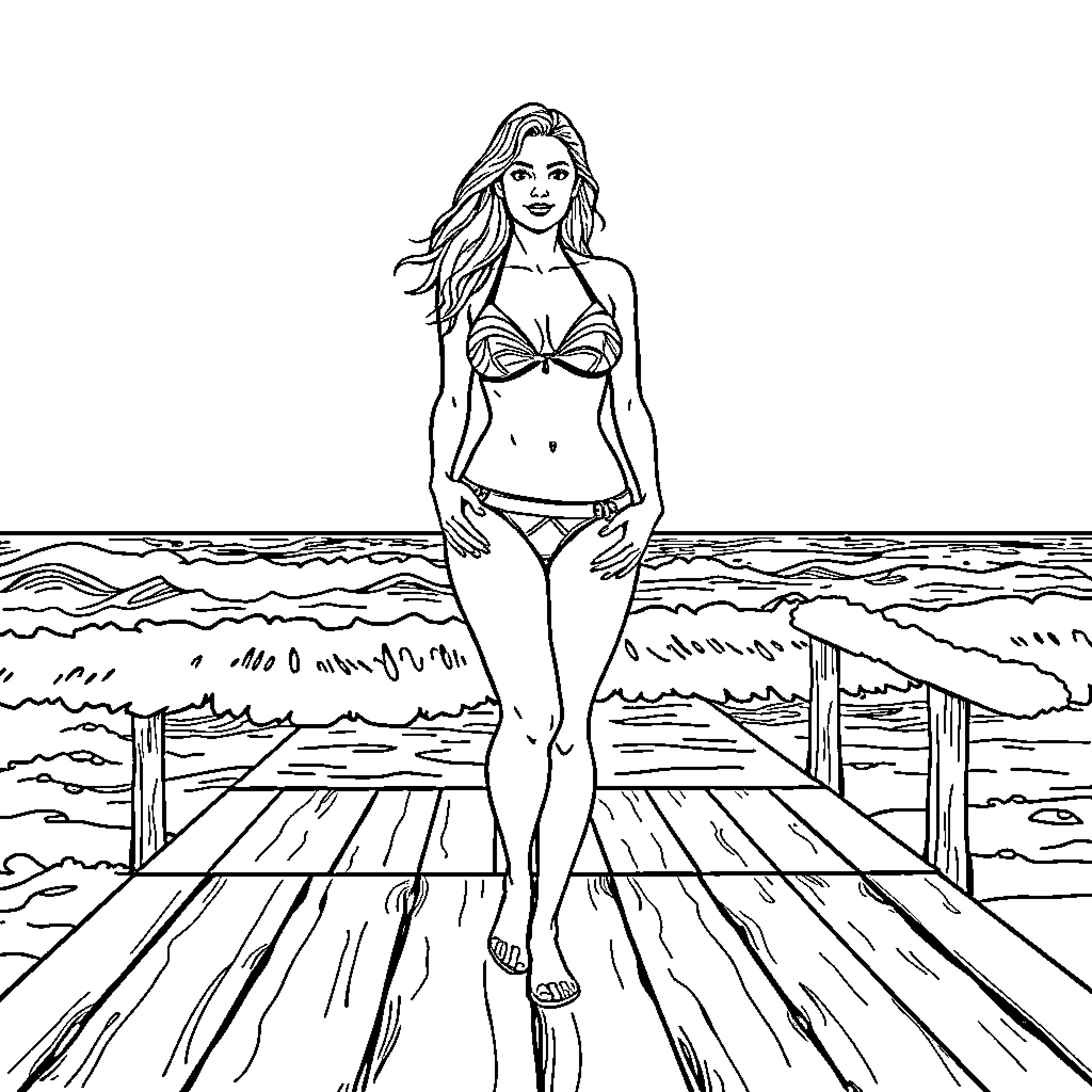Woman in Bikini Posing on Wooden Dock Coloring Page (free black-and-white line drawing printable PDF for all, from beginners to advanced learners, including children, teens, adults, and seniors)