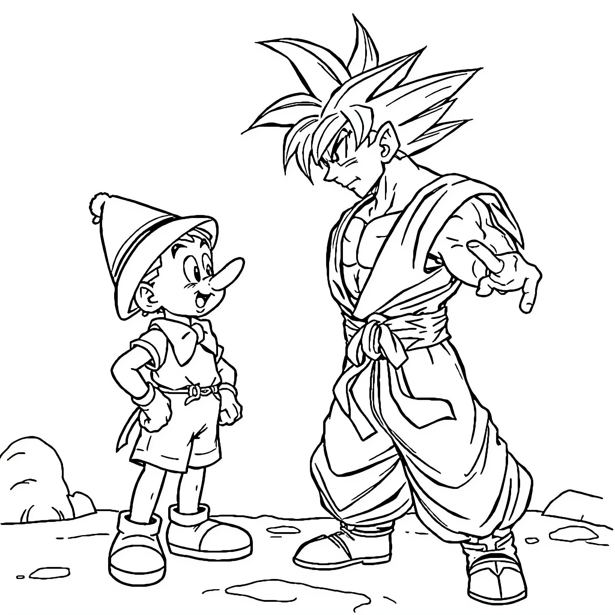 Goku and Pinocchio in Adventure Coloring Page (free black-and-white line drawing printable PDF for all, from beginners to advanced learners, including children, teens, adults, and seniors)