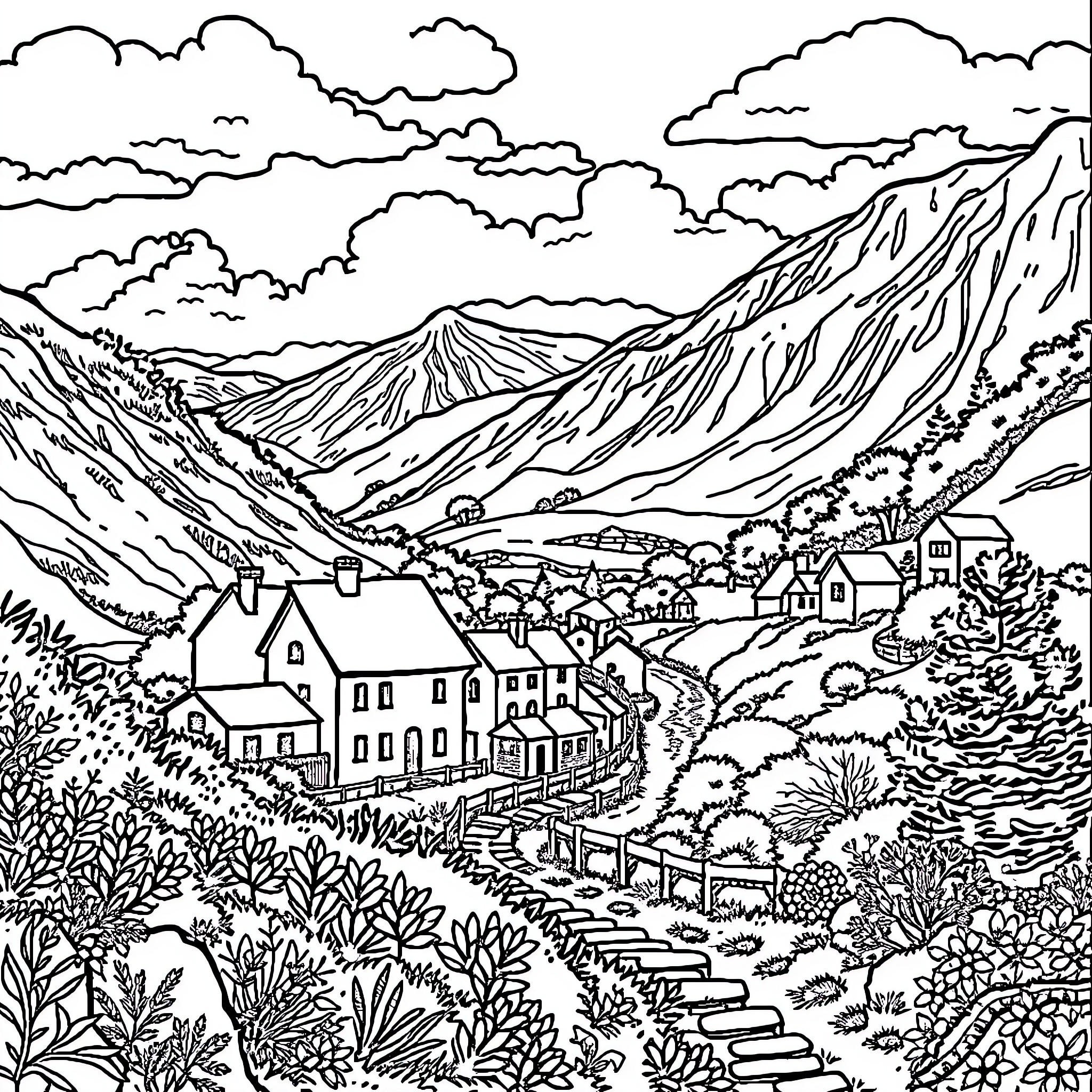 Nordist Scenic Village in Mountainous Landscape Coloring Page (free black-and-white line drawing printable PDF for all, from beginners to advanced learners, including children, teens, adults, and seniors)
