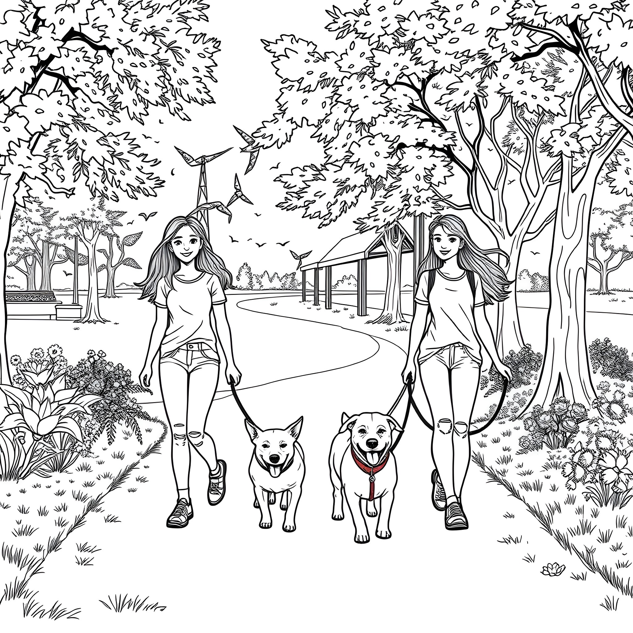 Teen Girls Walking Their Dogs in the Park Coloring Page (free black-and-white line drawing printable PDF for all, from beginners to advanced learners, including children, teens, adults, and seniors)
