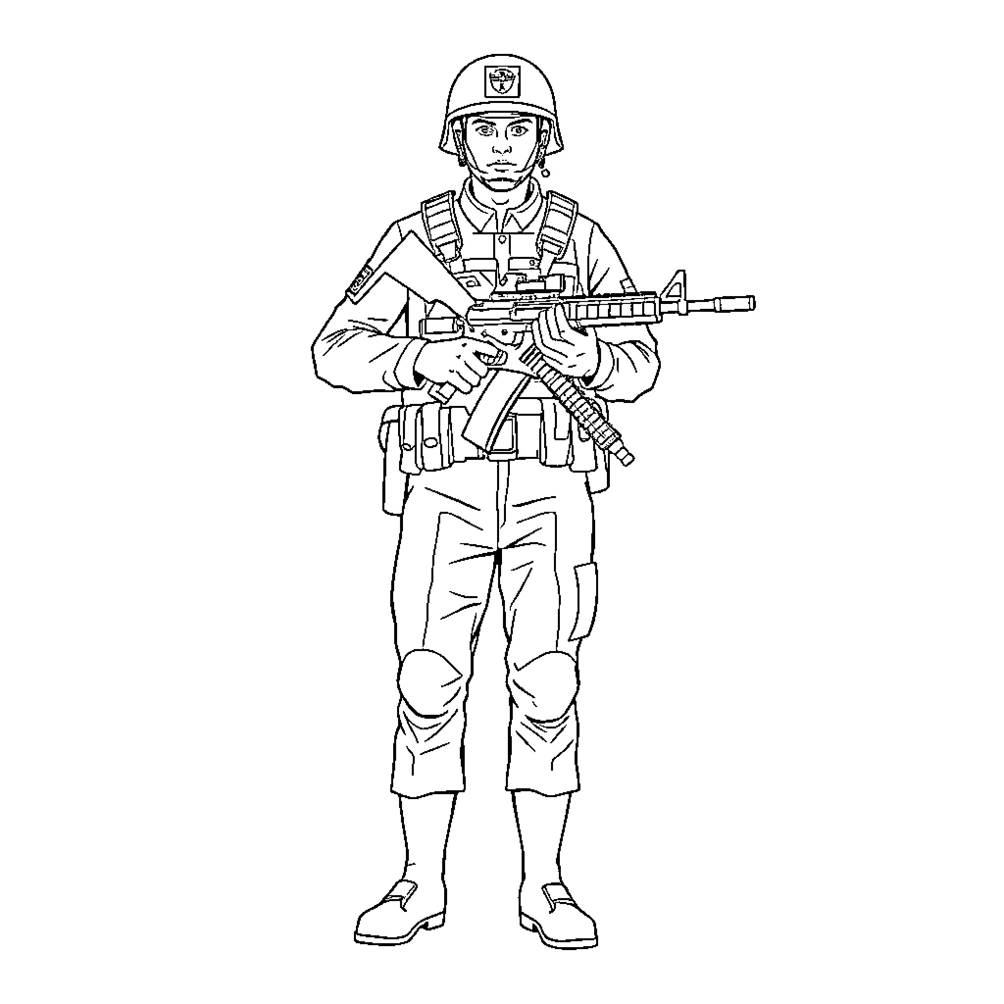 Soldier in tactical gear holding assault rifle Coloring Page (free black-and-white line drawing printable PDF for all, from beginners to advanced learners, including children, teens, adults, and seniors)