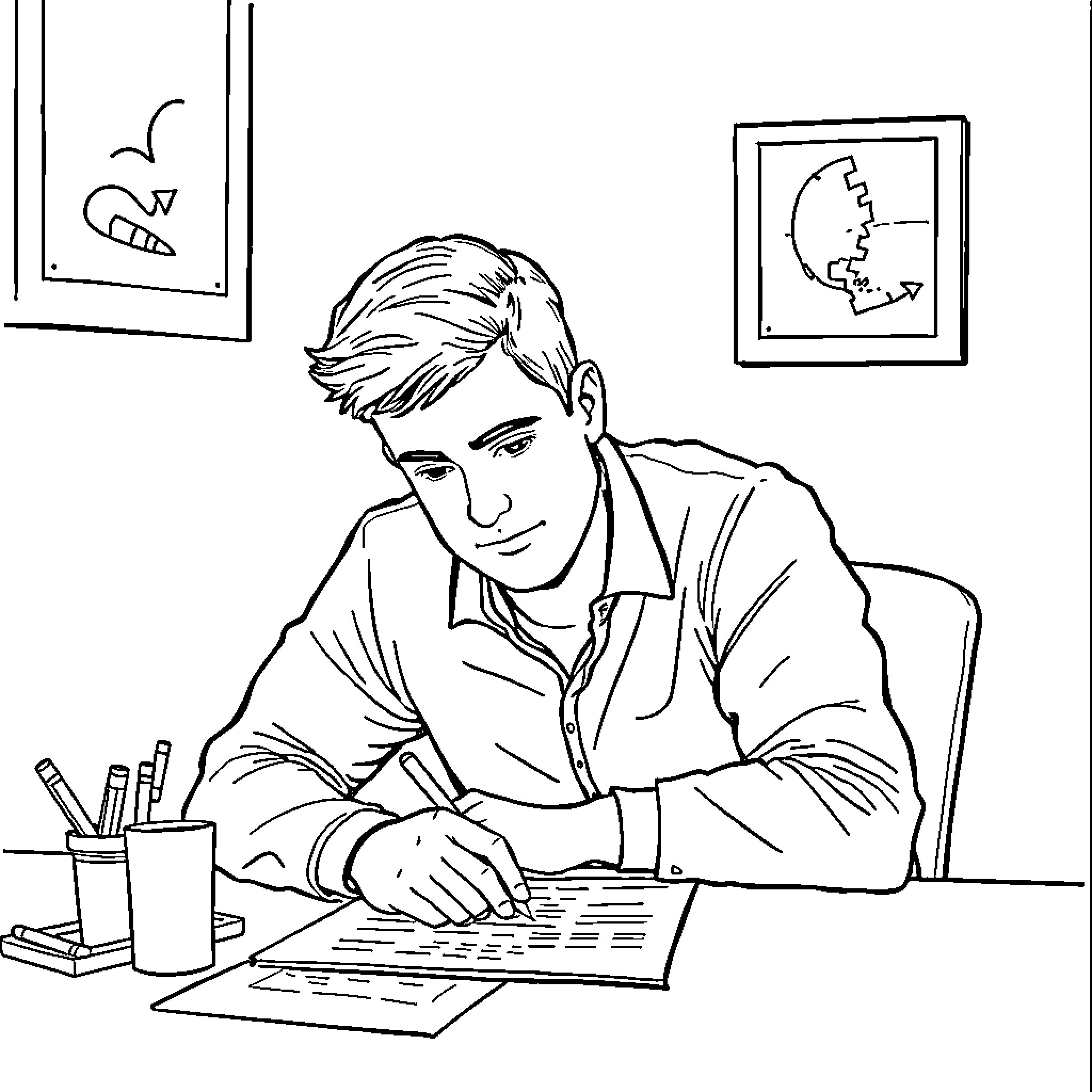 Evan focused on important work at his desk Coloring Page (free black-and-white line drawing printable PDF for all, from beginners to advanced learners, including children, teens, adults, and seniors)