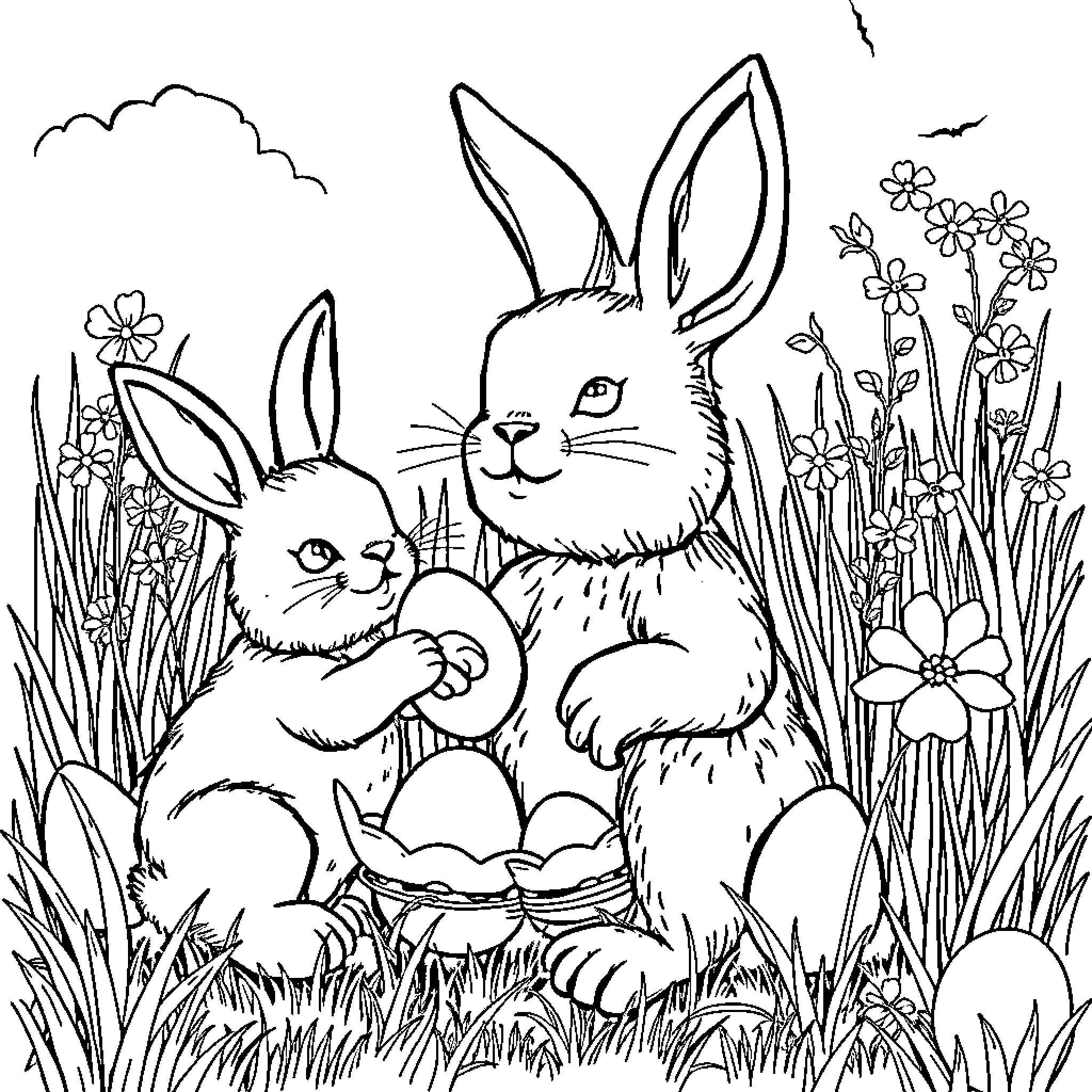 Steel Rabbits in Floral Field Coloring Page (free black-and-white line drawing printable PDF for all, from beginners to advanced learners, including children, teens, adults, and seniors)