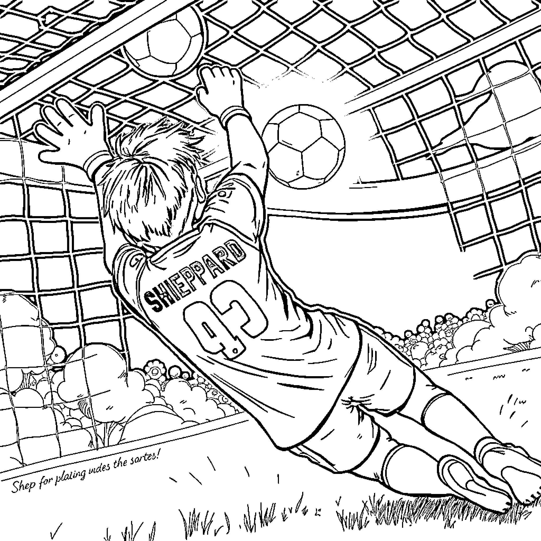 Boy Goalkeeper Blocking the Ball in a Soccer Match Coloring Page (free black-and-white line drawing printable PDF for all, from beginners to advanced learners, including children, teens, adults, and seniors)