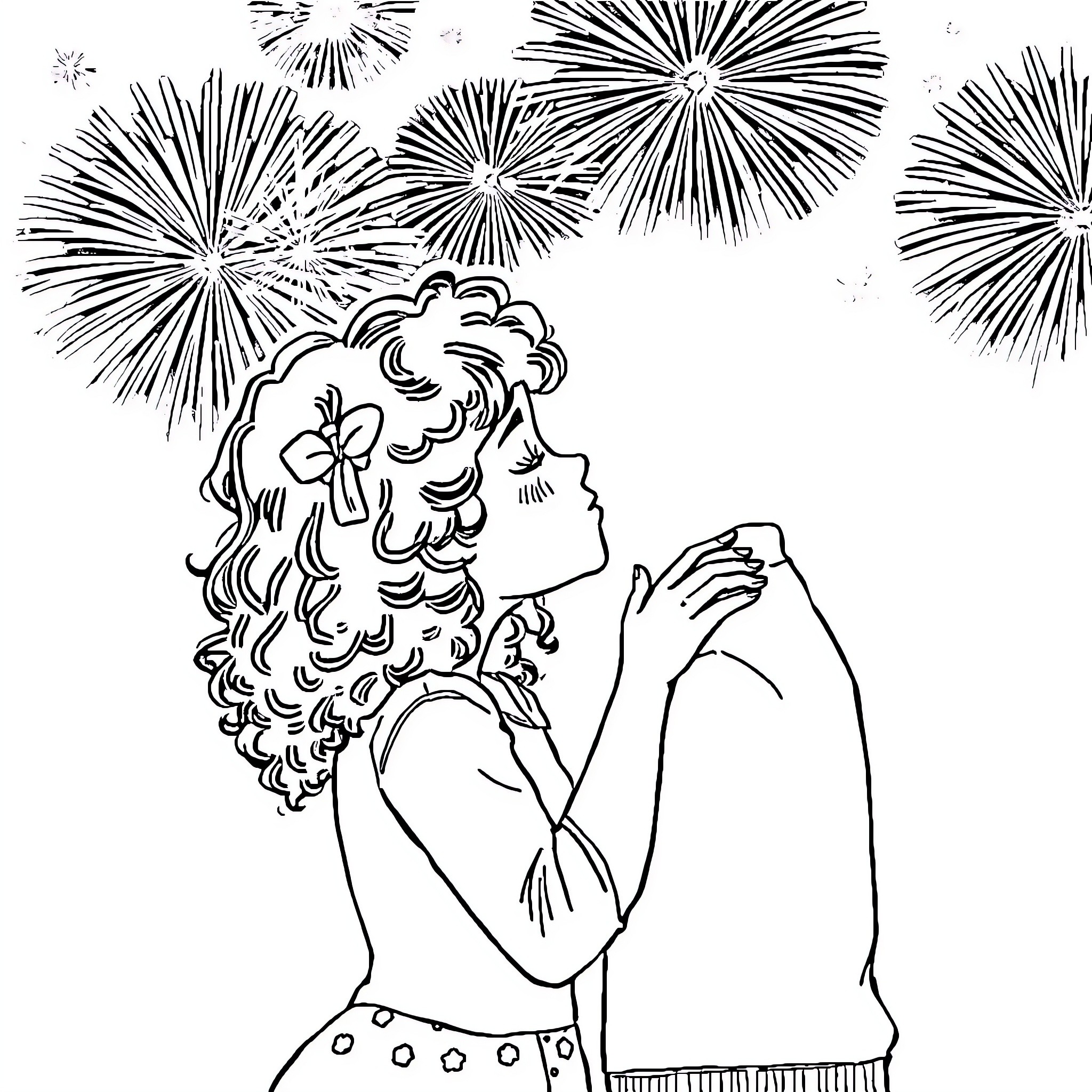 Girl marveling at fireworks display Coloring Page (free black-and-white line drawing printable PDF for all, from beginners to advanced learners, including children, teens, adults, and seniors)