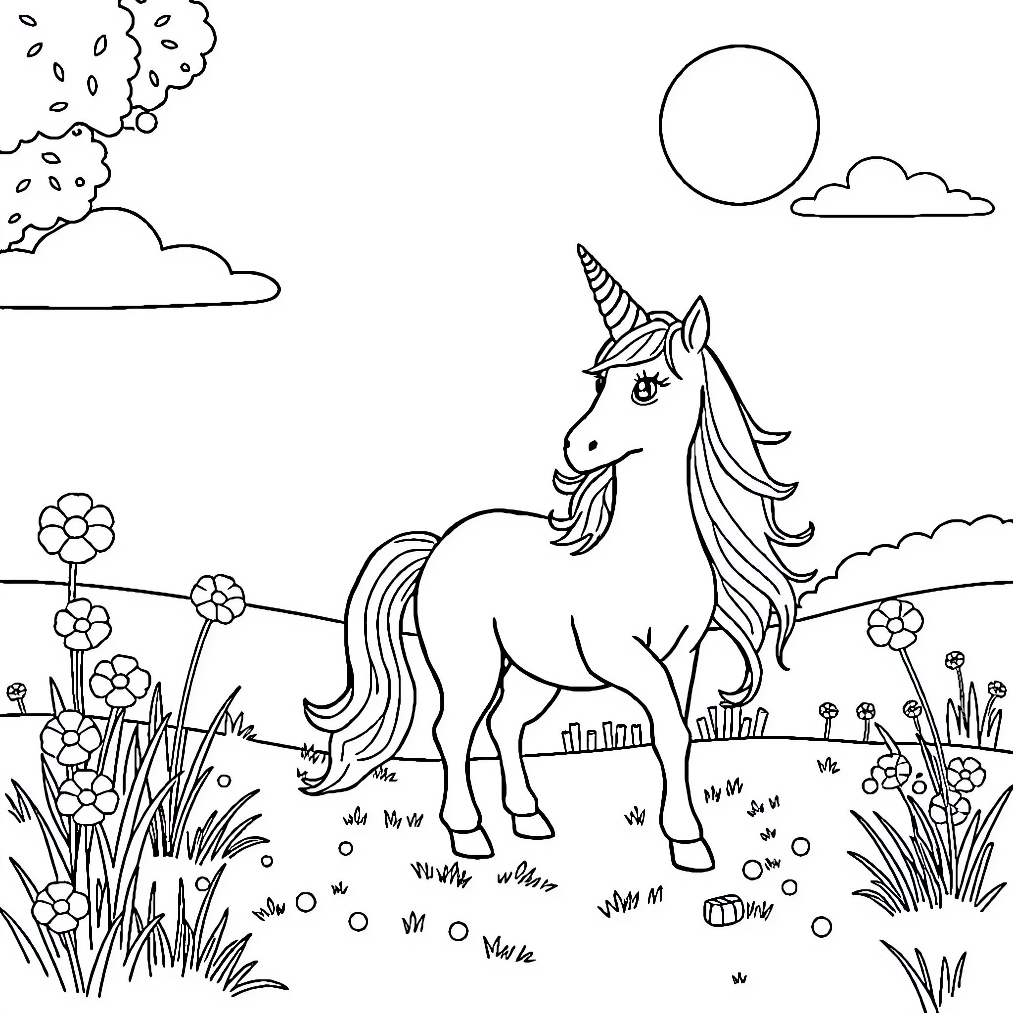Unicorn standing in a magical meadow Coloring Page (free black-and-white line drawing printable PDF for all, from beginners to advanced learners, including children, teens, adults, and seniors)
