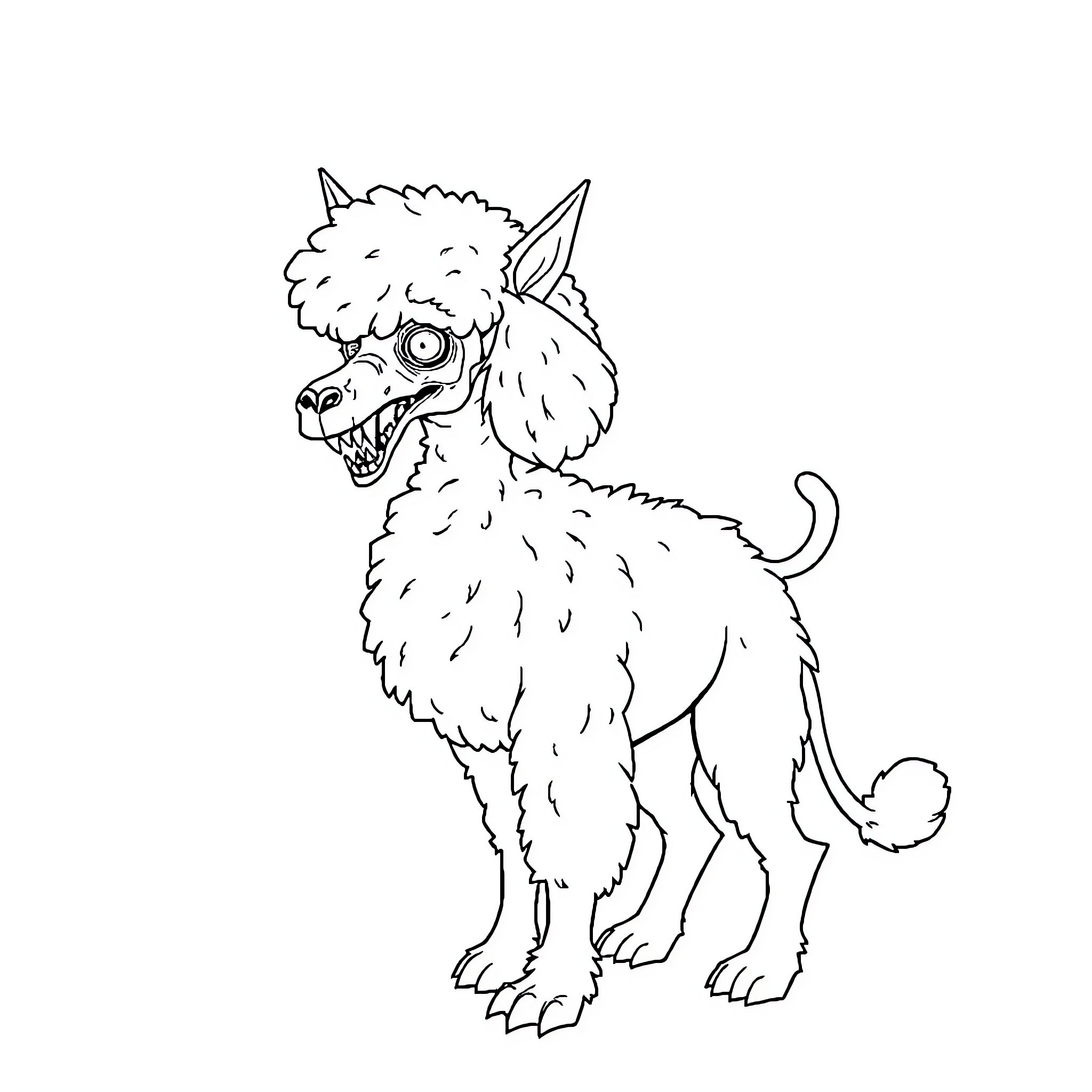 Poodle in a playful and mischievous pose Coloring Page (free black-and-white line drawing printable PDF for all, from beginners to advanced learners, including children, teens, adults, and seniors)