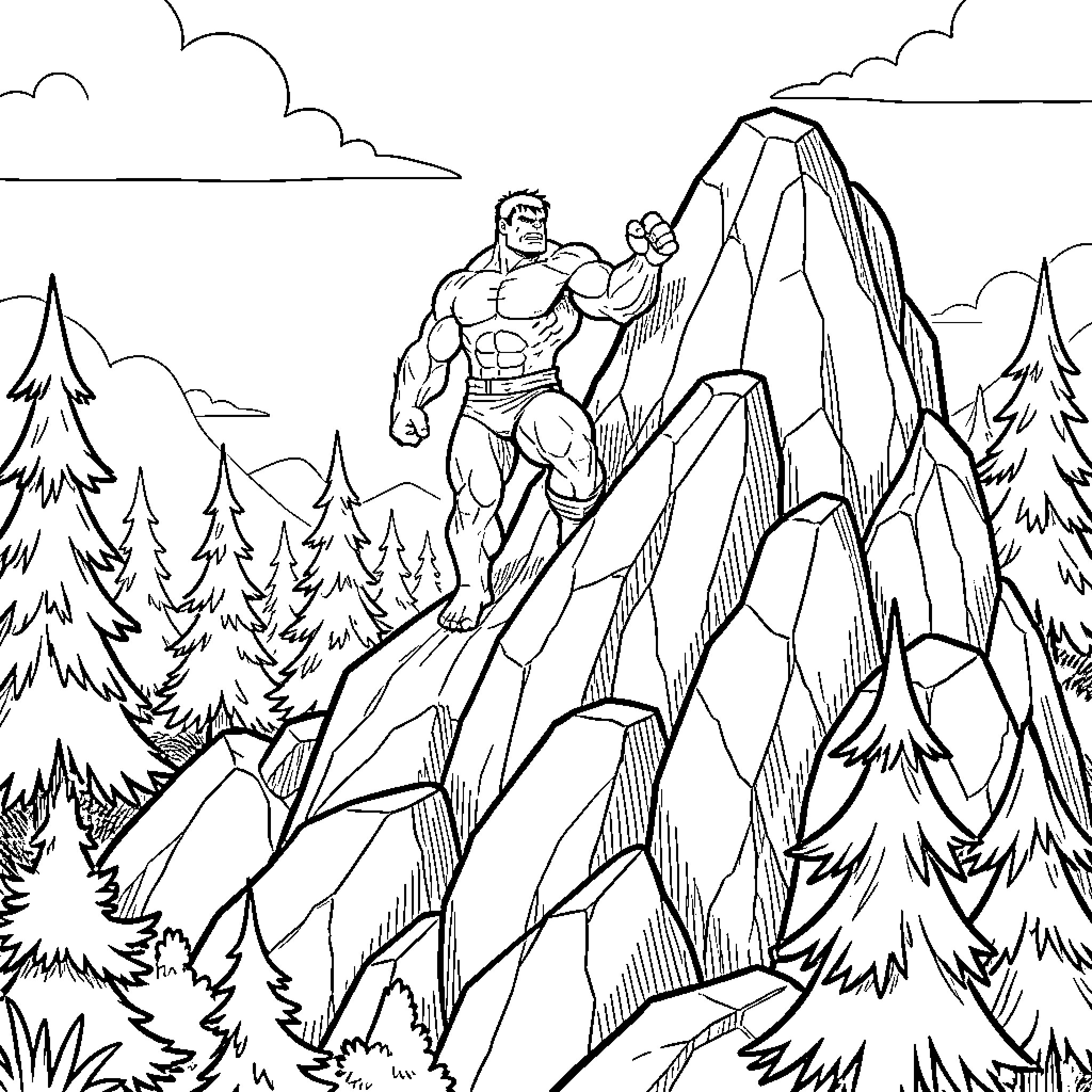 Hulk scaling rugged mountain in wilderness Coloring Page (free black-and-white line drawing printable PDF for all, from beginners to advanced learners, including children, teens, adults, and seniors)