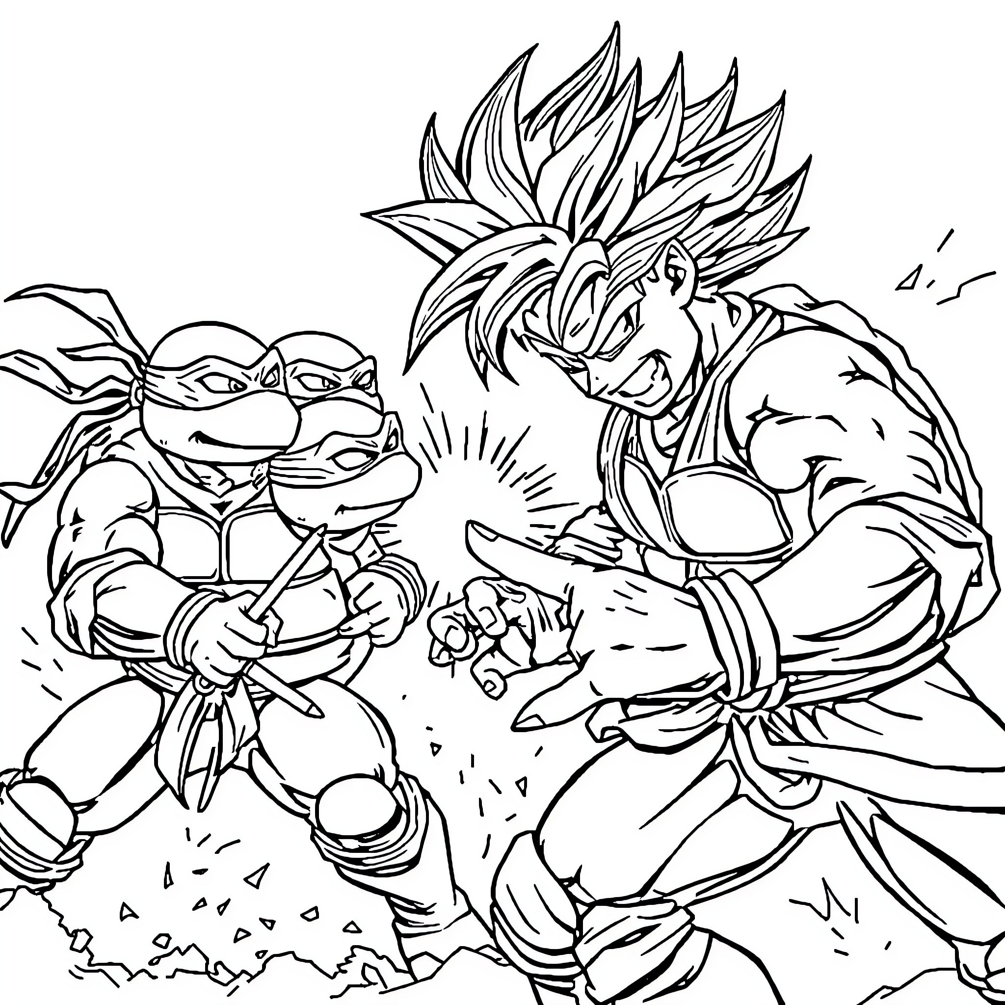 Teenage Mutant Ninja Turtle Characters in Epic Battle Coloring Page (free black-and-white line drawing printable PDF for all, from beginners to advanced learners, including children, teens, adults, and seniors)