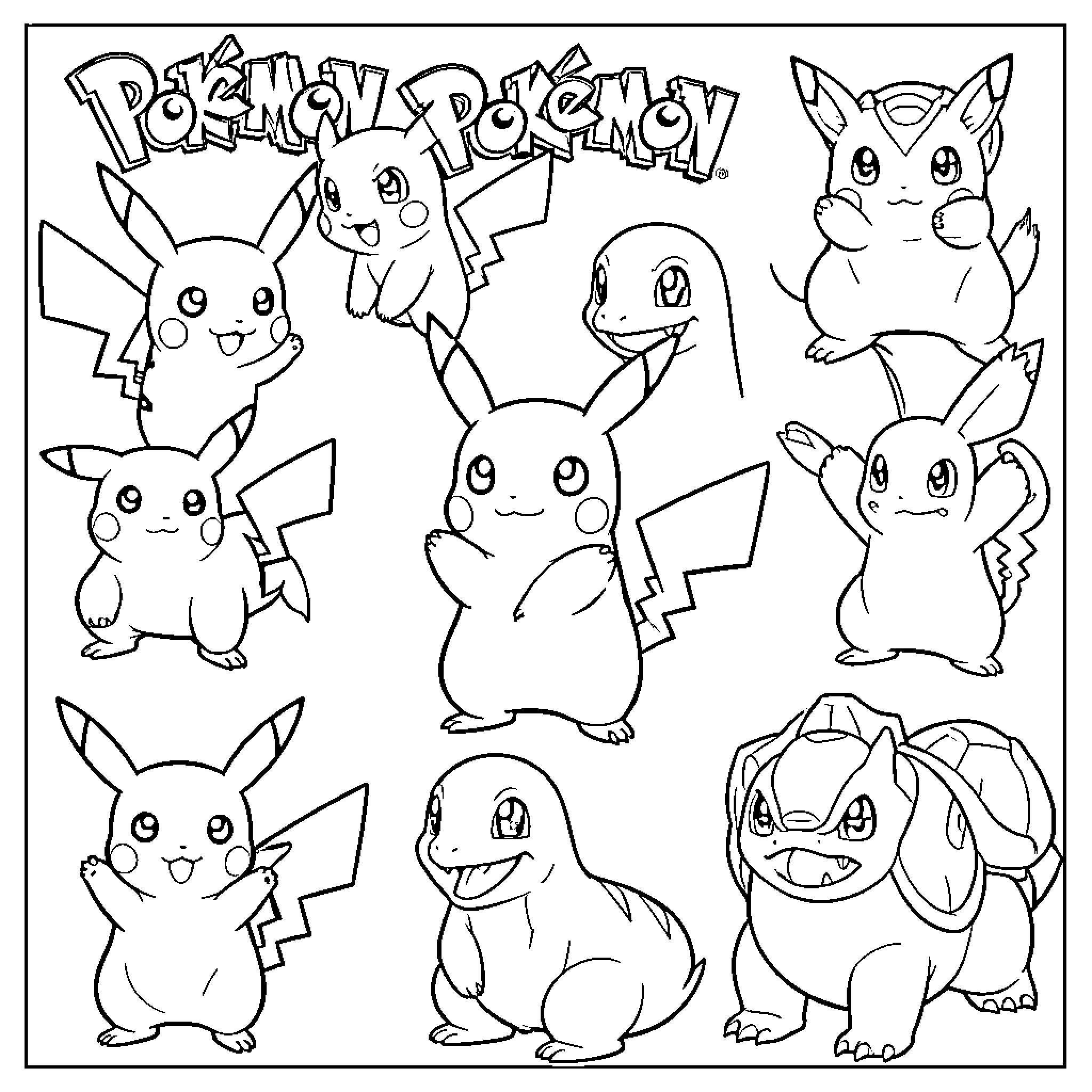 Pokémon characters in various poses and expressions Coloring Page (free black-and-white line drawing printable PDF for all, from beginners to advanced learners, including children, teens, adults, and seniors)