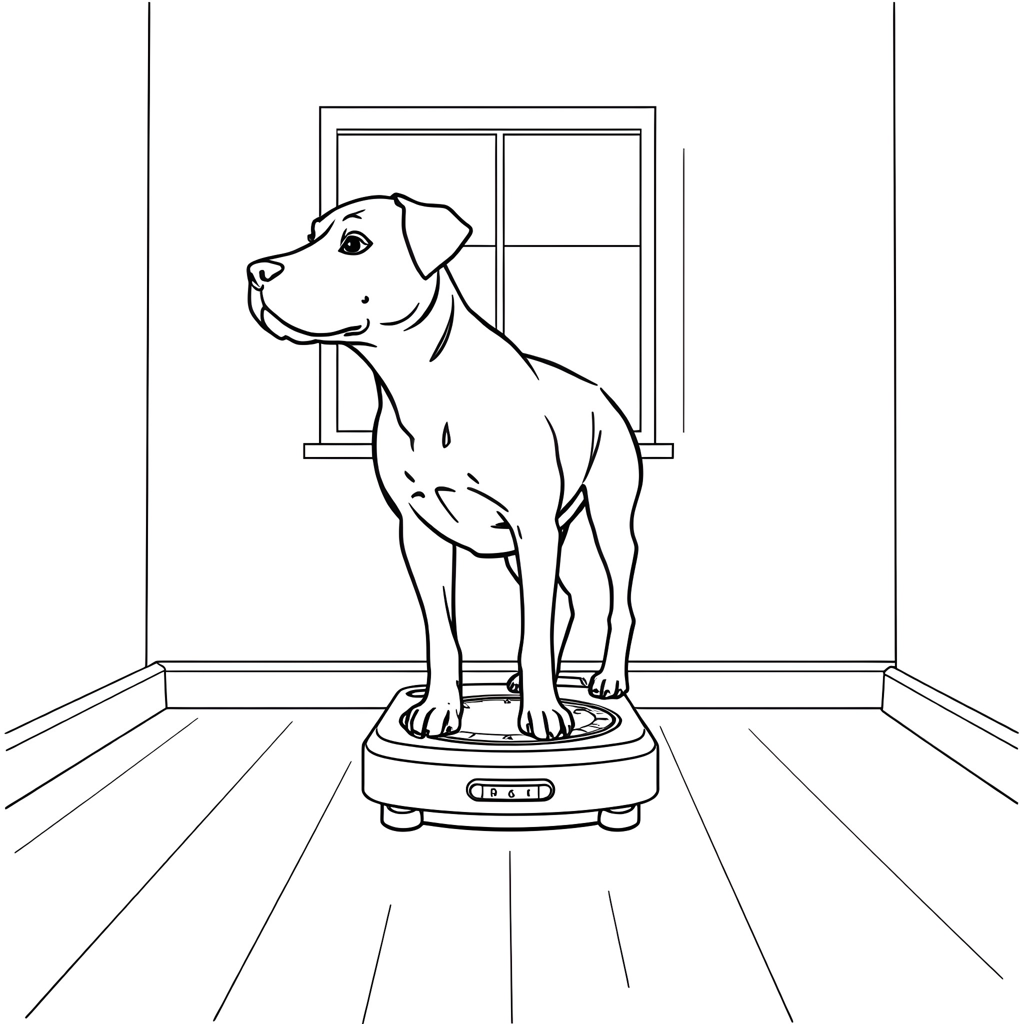 Dog standing on weighing scale in room Coloring Page (free black-and-white line drawing printable PDF for all, from beginners to advanced learners, including children, teens, adults, and seniors)