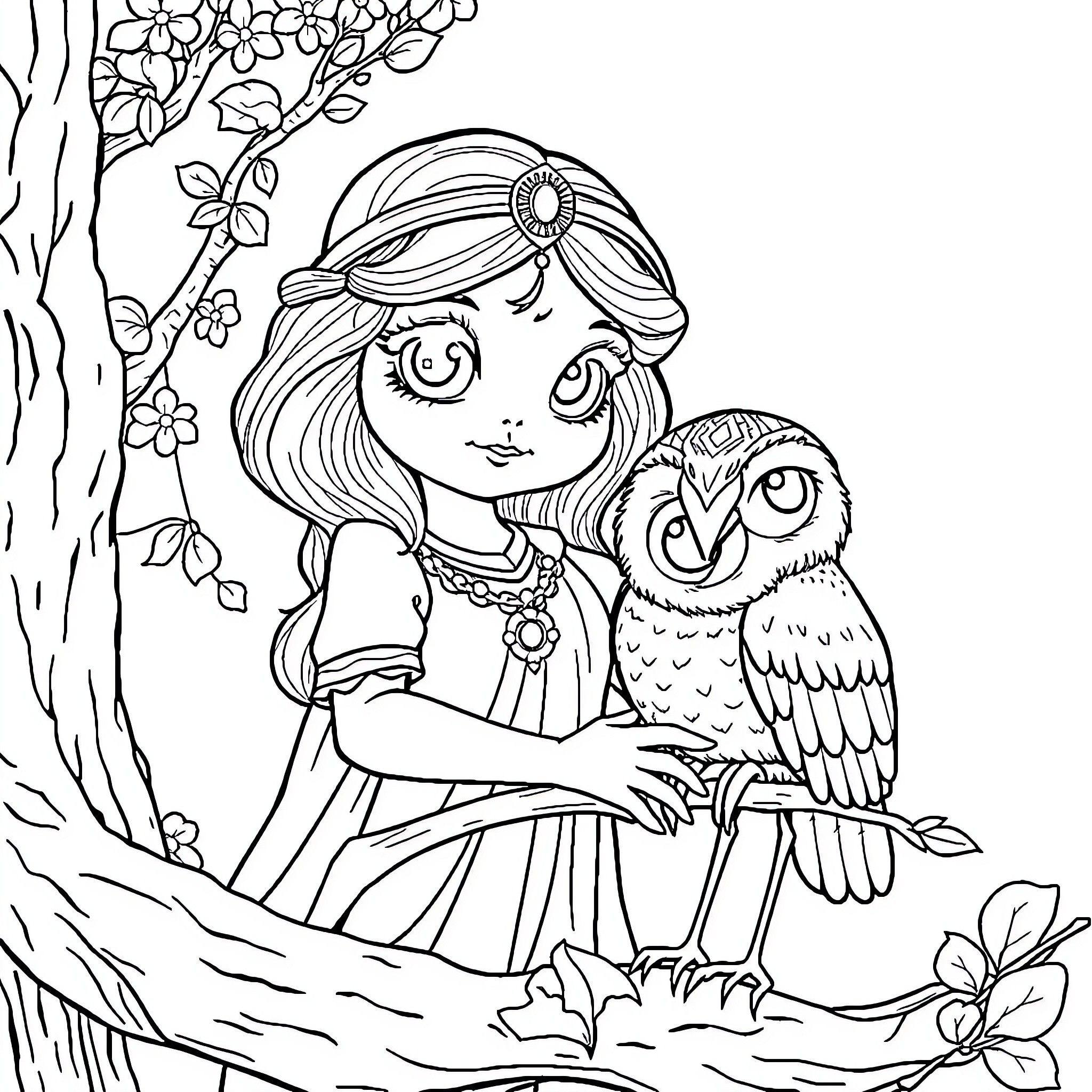 Athena's Enchanted Forest Adventure Coloring Page (free black-and-white line drawing printable PDF for all, from beginners to advanced learners, including children, teens, adults, and seniors)