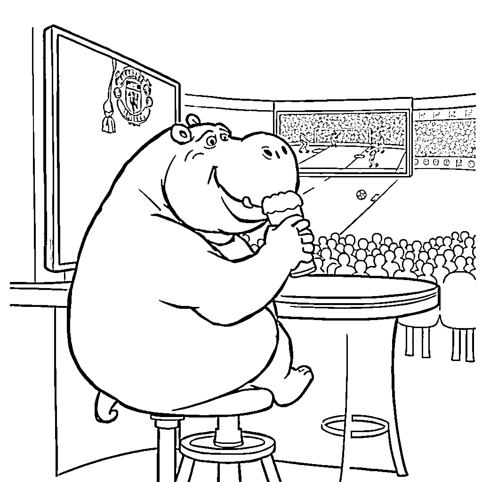 Hippo enjoying a show in a stadium Coloring Page (free black-and-white line drawing printable PDF for all, from beginners to advanced learners, including children, teens, adults, and seniors)