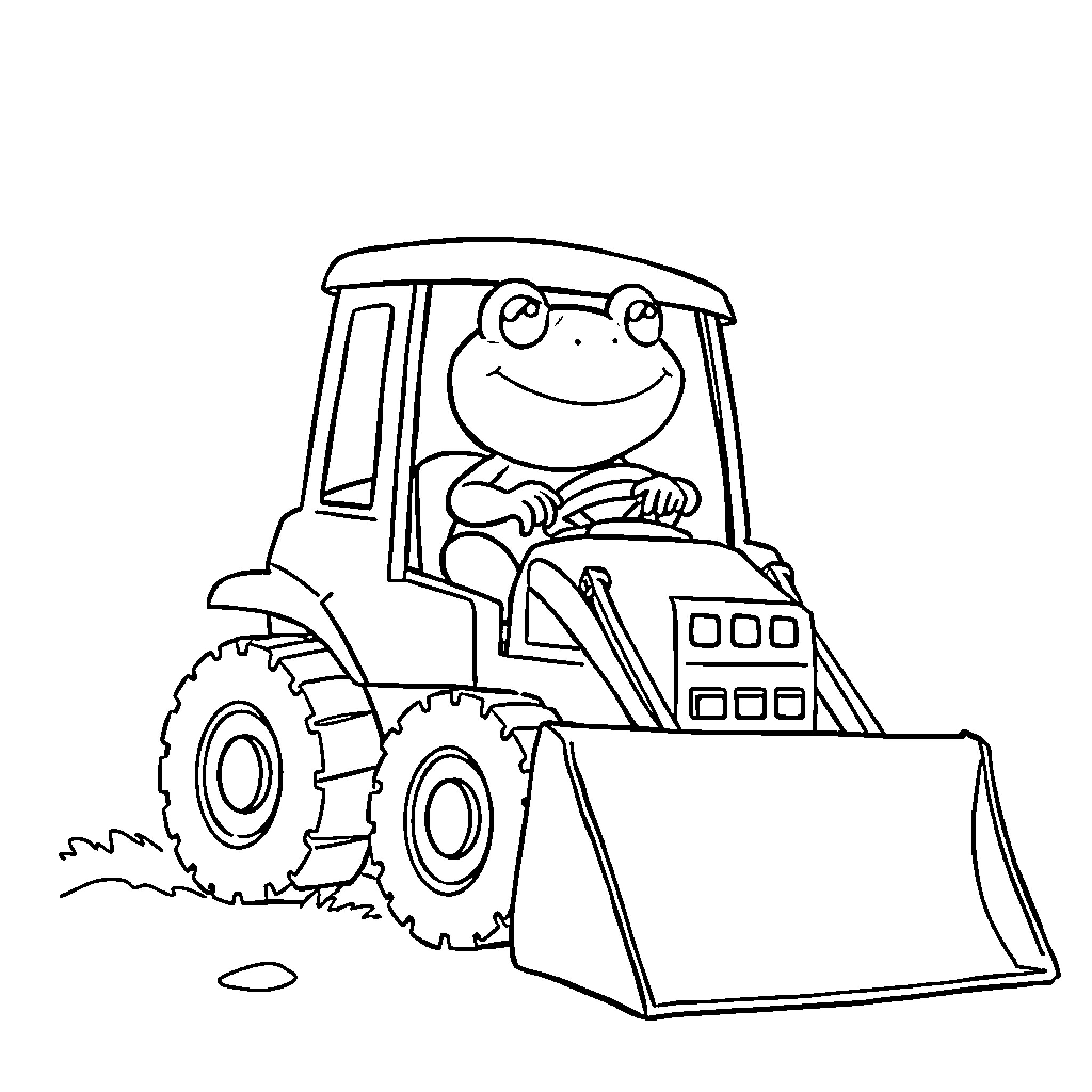 Frog driving tractor with cheerful expression Coloring Page (free black-and-white line drawing printable PDF for all, from beginners to advanced learners, including children, teens, adults, and seniors)