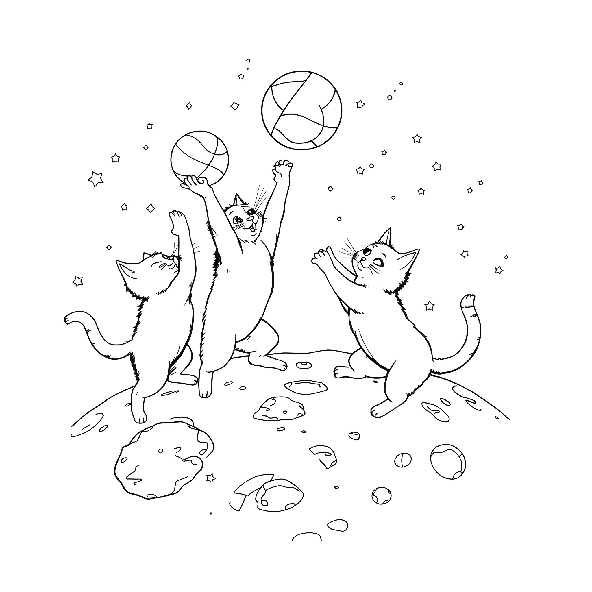 Cats playing with balls in the night sky Coloring Page (free black-and-white line drawing printable PDF for all, from beginners to advanced learners, including children, teens, adults, and seniors)