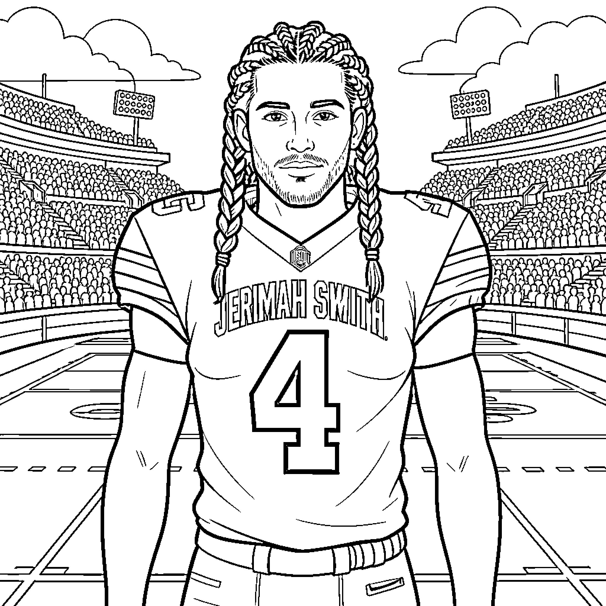 Jeremiah Smith playing football in the stadium Coloring Page (free black-and-white line drawing printable PDF for all, from beginners to advanced learners, including children, teens, adults, and seniors)