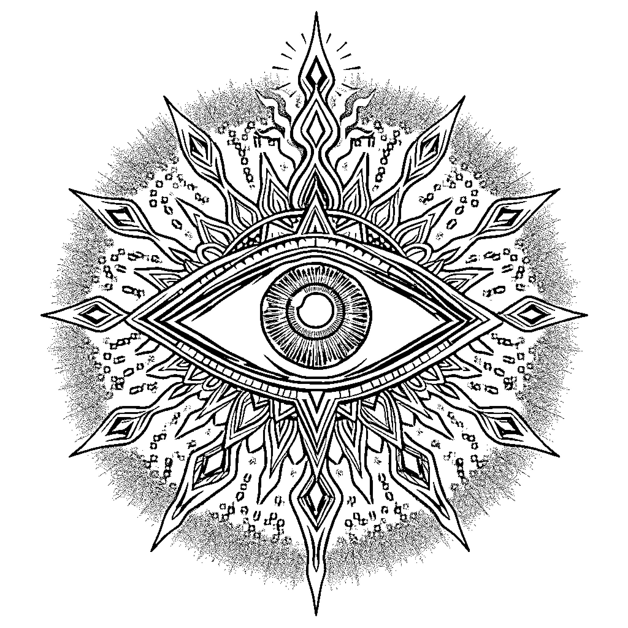 Third Eye Mandala of Spiritual Insight Coloring Page (free black-and-white line drawing printable PDF for all, from beginners to advanced learners, including children, teens, adults, and seniors)