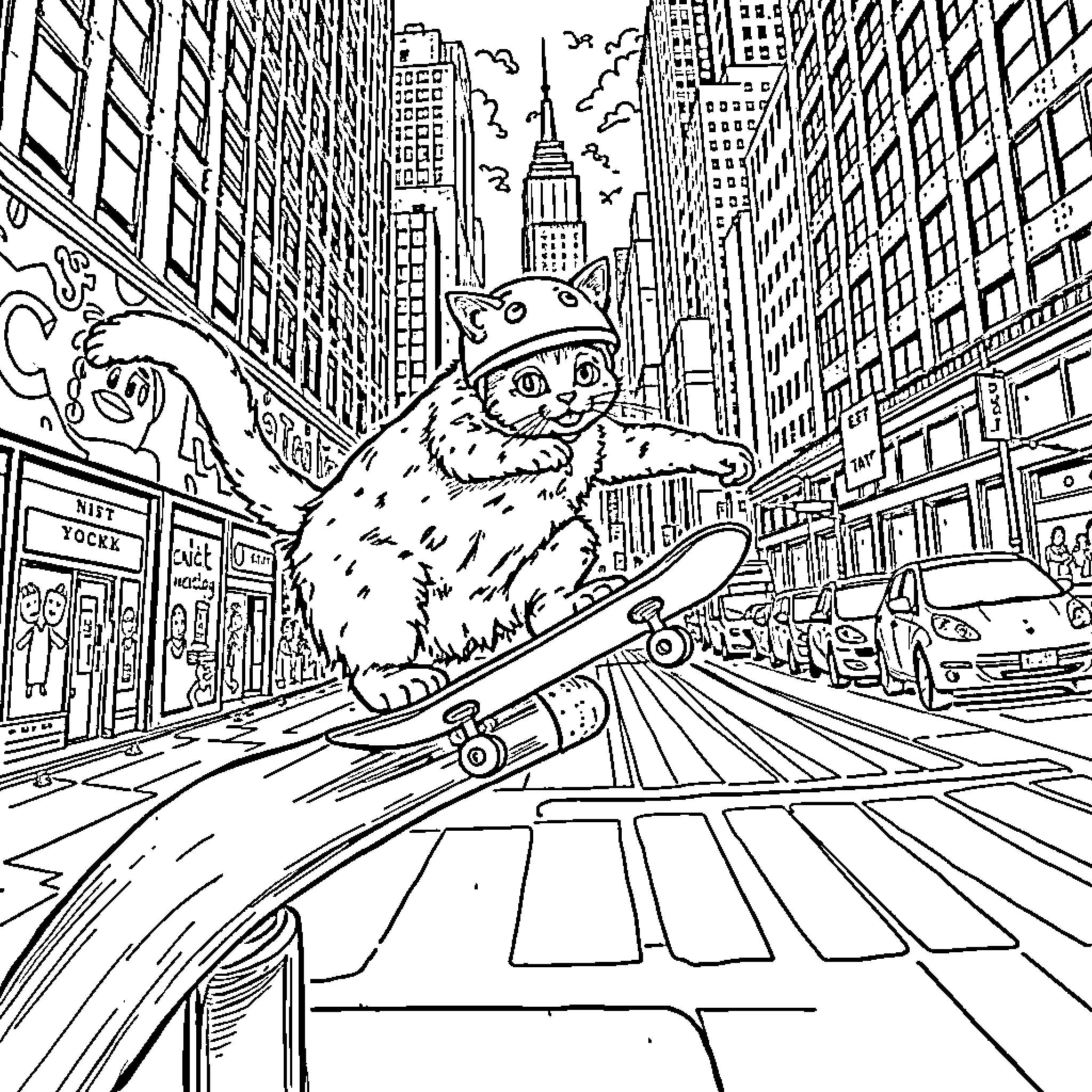 Cat skateboarding through the city streets Coloring Page (free black-and-white line drawing printable PDF for all, from beginners to advanced learners, including children, teens, adults, and seniors)