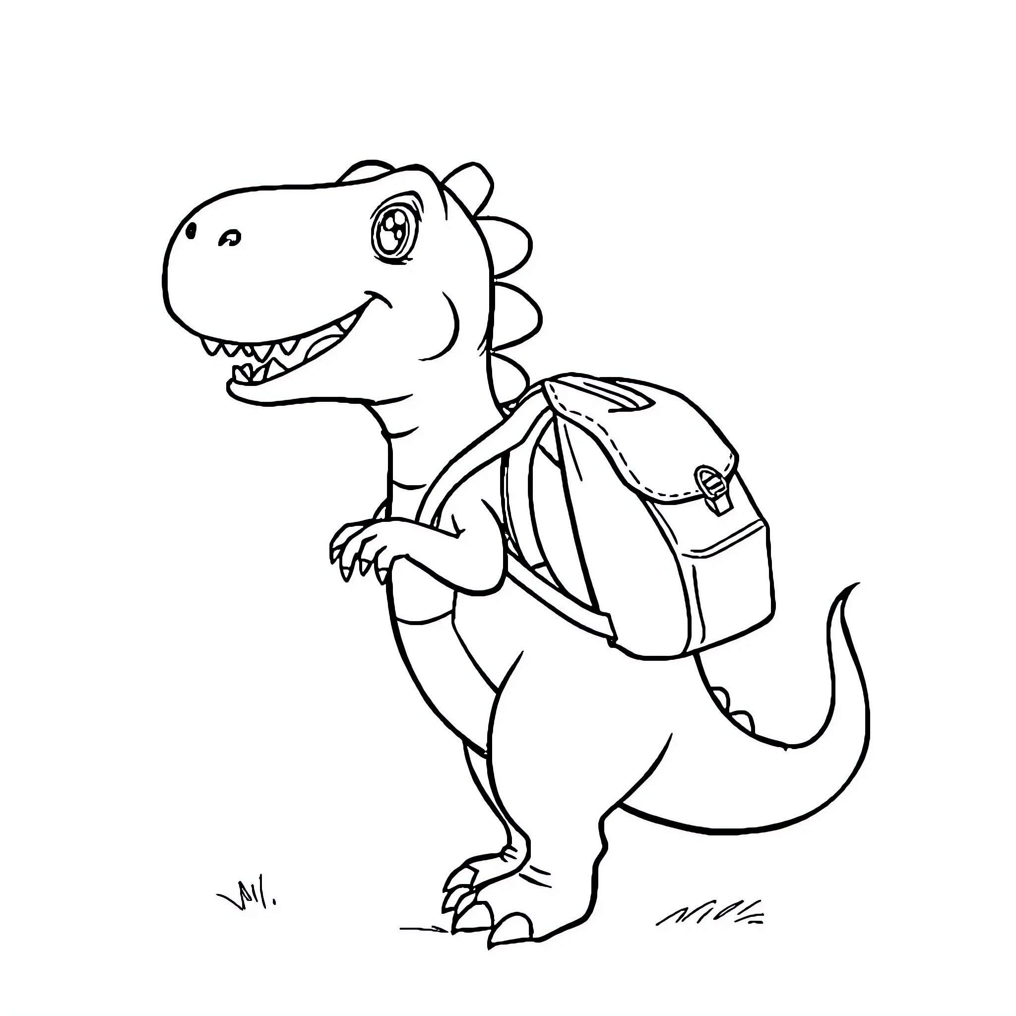 Dino with backpack going to school Coloring Page (free black-and-white line drawing printable PDF for all, from beginners to advanced learners, including children, teens, adults, and seniors)