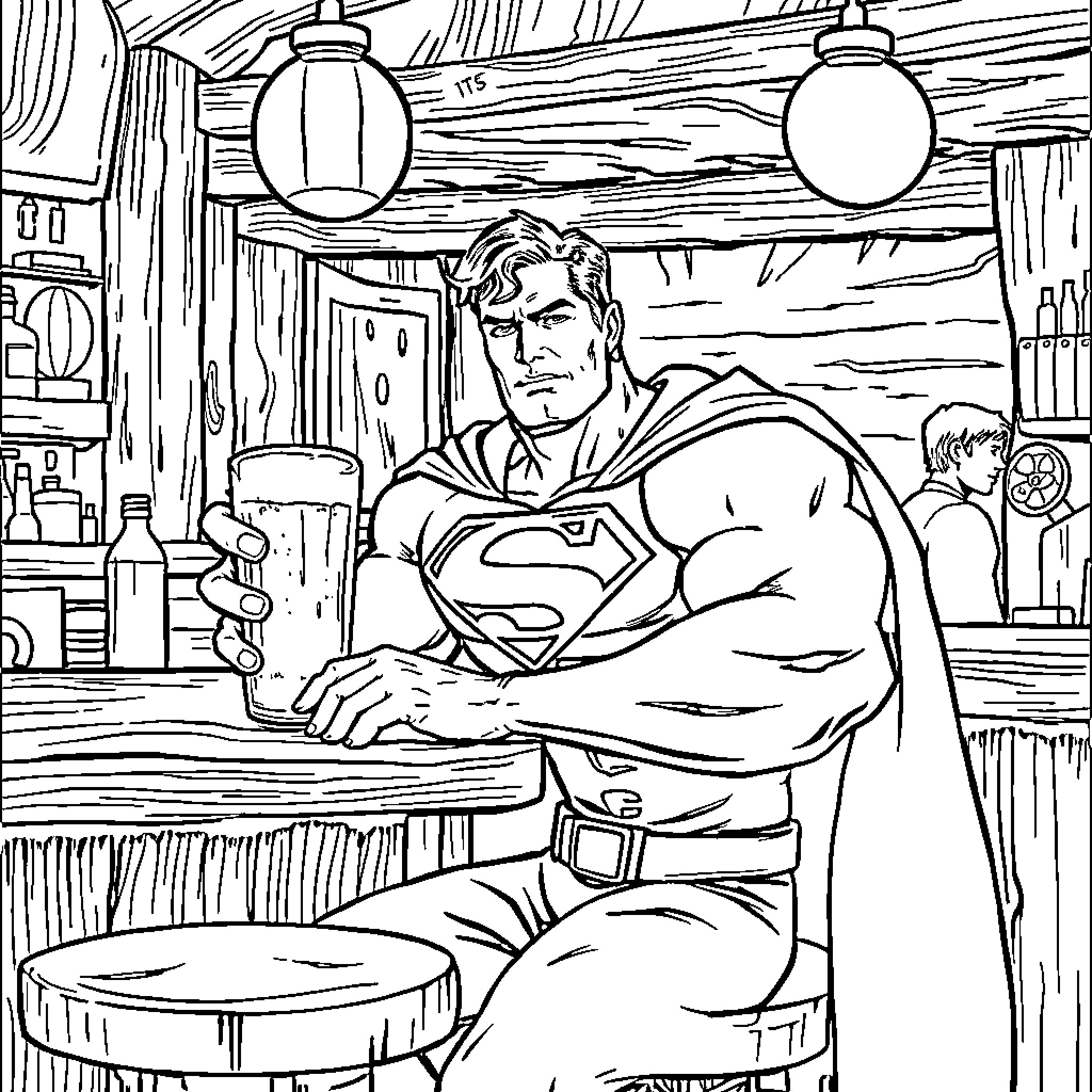 Superman relaxing in a rustic bar Coloring Page (free black-and-white line drawing printable PDF for all, from beginners to advanced learners, including children, teens, adults, and seniors)