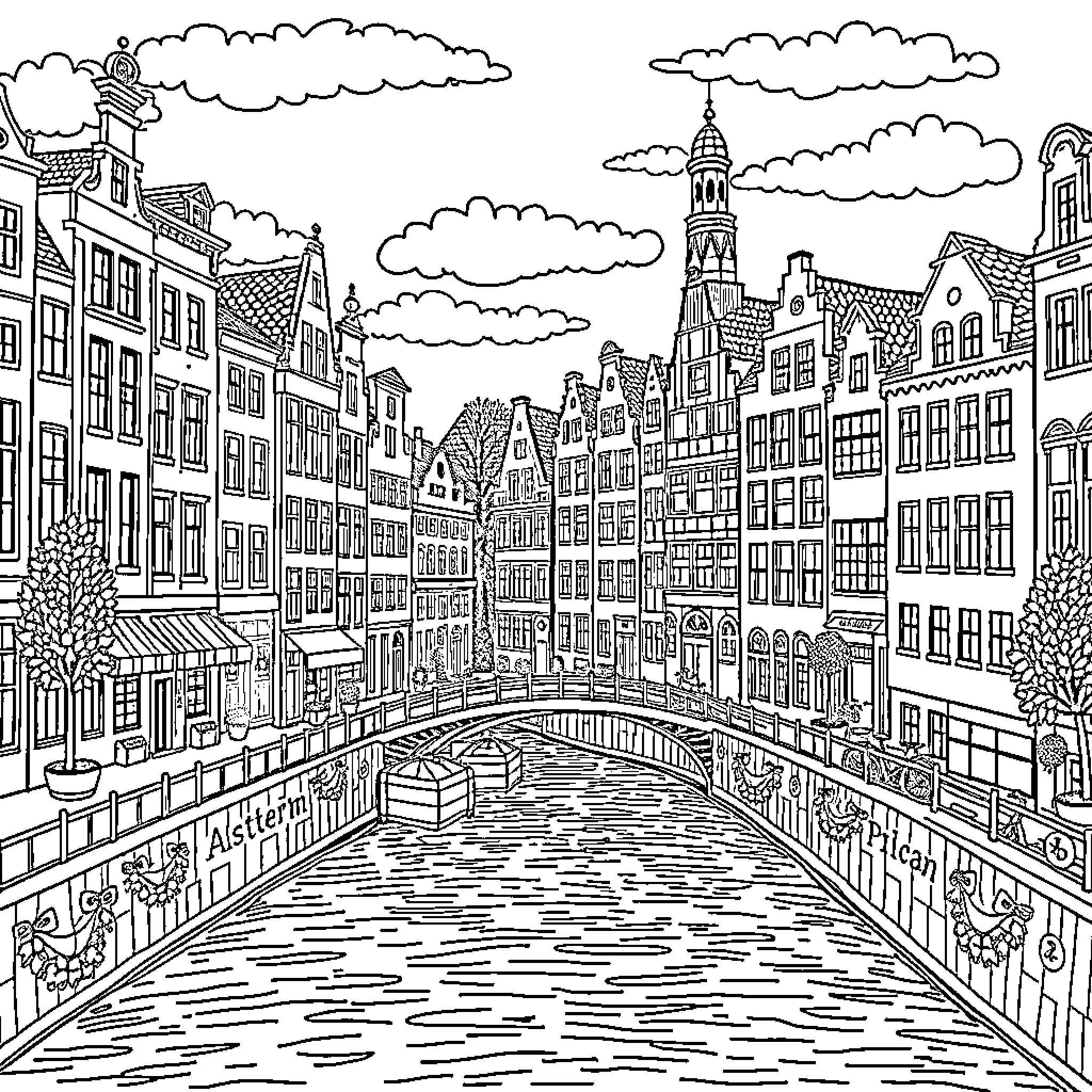 Amsterdam: Charming Canal Scene with Historic Architecture Coloring Page (free black-and-white line drawing printable PDF for all, from beginners to advanced learners, including children, teens, adults, and seniors)