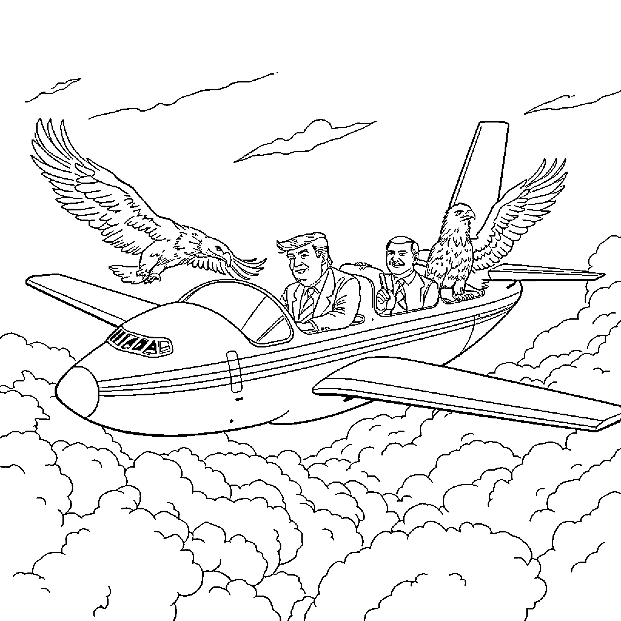 Trump Soars Through the Skies with Eagles Coloring Page (free black-and-white line drawing printable PDF for all, from beginners to advanced learners, including children, teens, adults, and seniors)