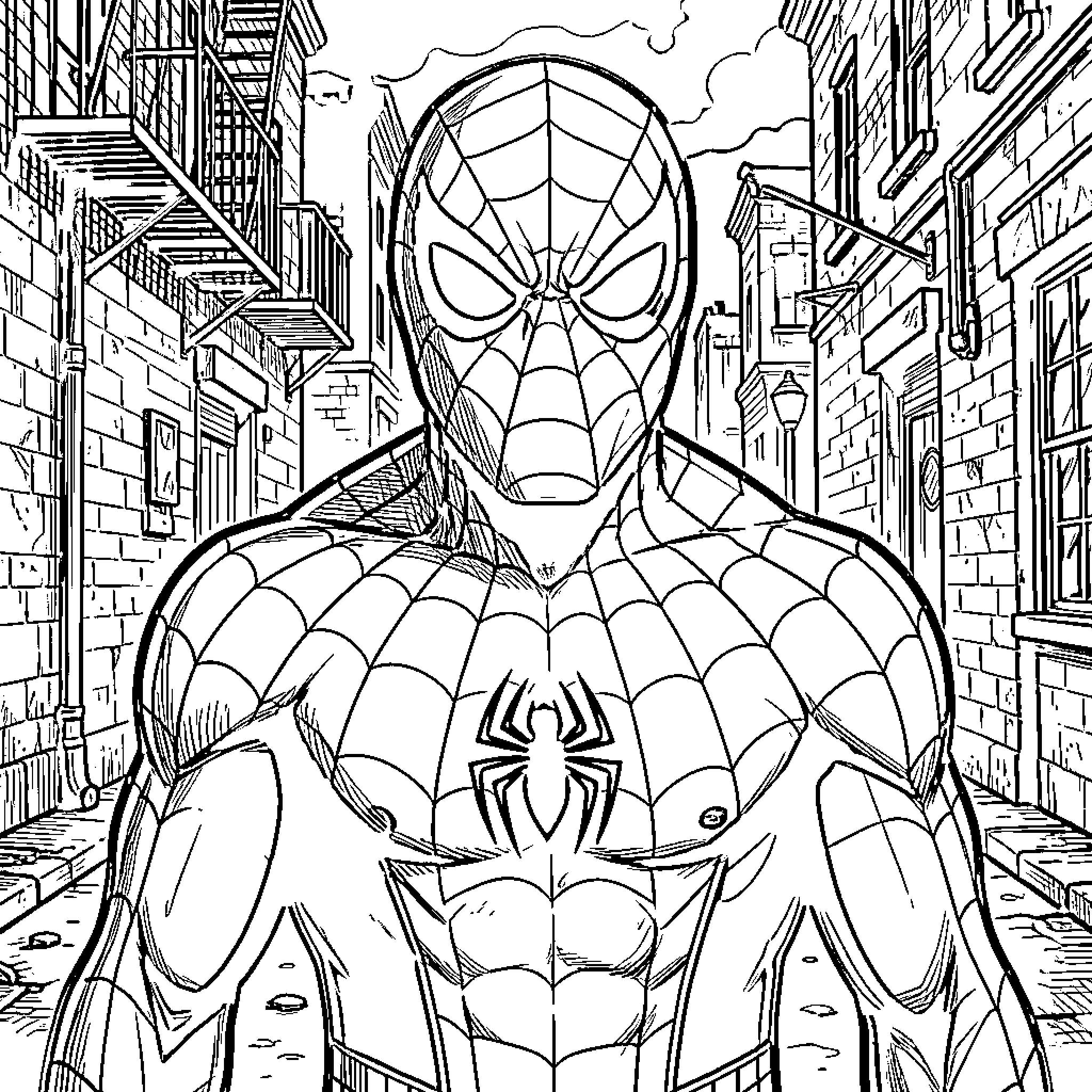 Spiderman Leaping Through City Streets Coloring Page (free black-and-white line drawing printable PDF for all, from beginners to advanced learners, including children, teens, adults, and seniors)