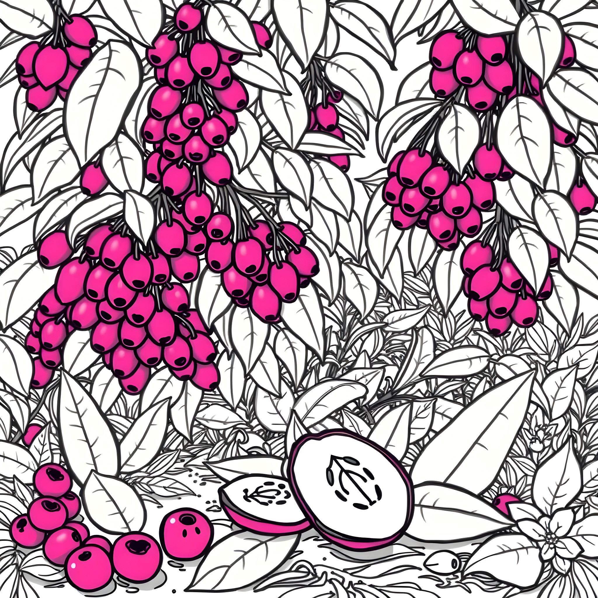 Açaí - Vibrant tropical fruits and foliage Coloring Page (free black-and-white line drawing printable PDF for all, from beginners to advanced learners, including children, teens, adults, and seniors)