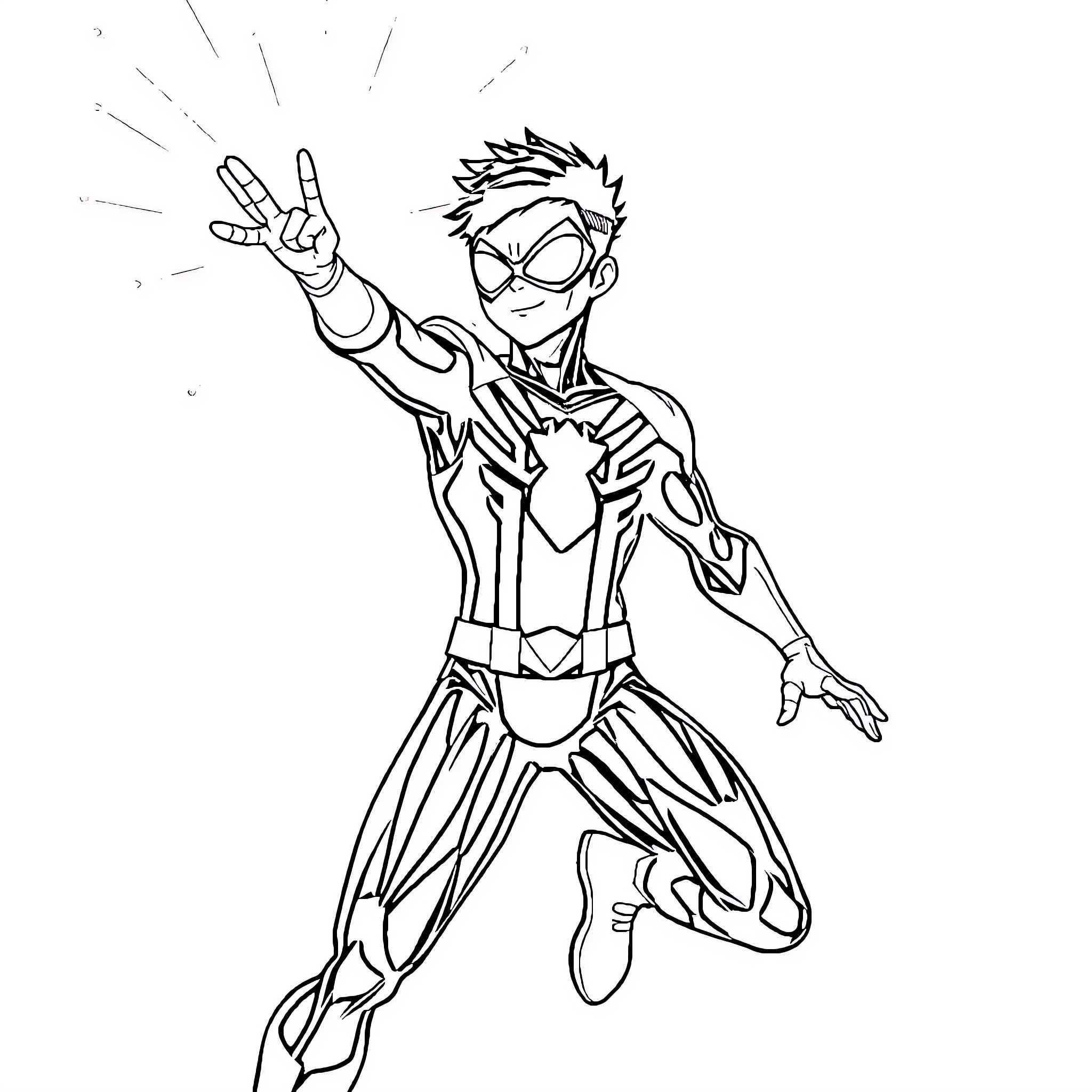 Miles Morales in heroic action pose Coloring Page (free black-and-white line drawing printable PDF for all, from beginners to advanced learners, including children, teens, adults, and seniors)