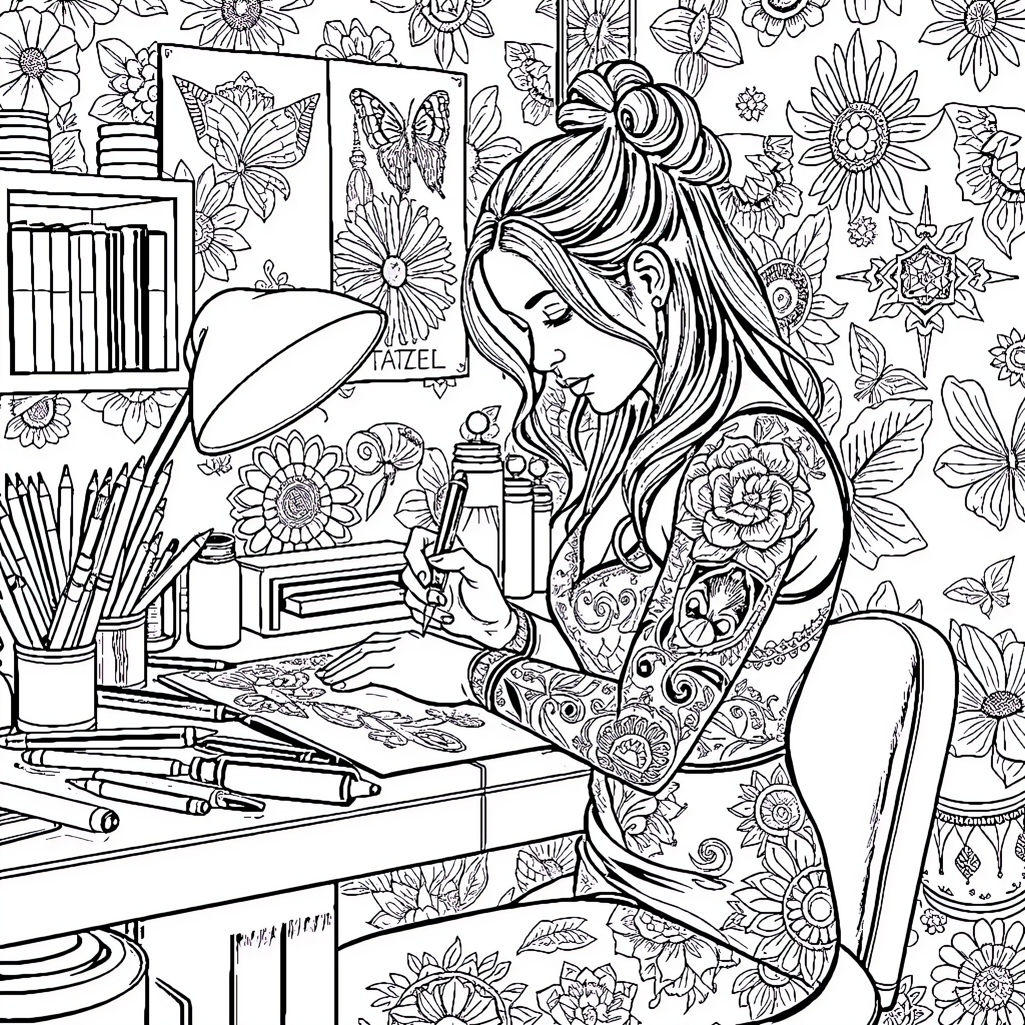 Tattoo Artist Crafting Intricate Designs Coloring Page (free black-and-white line drawing printable PDF for all, from beginners to advanced learners, including children, teens, adults, and seniors)
