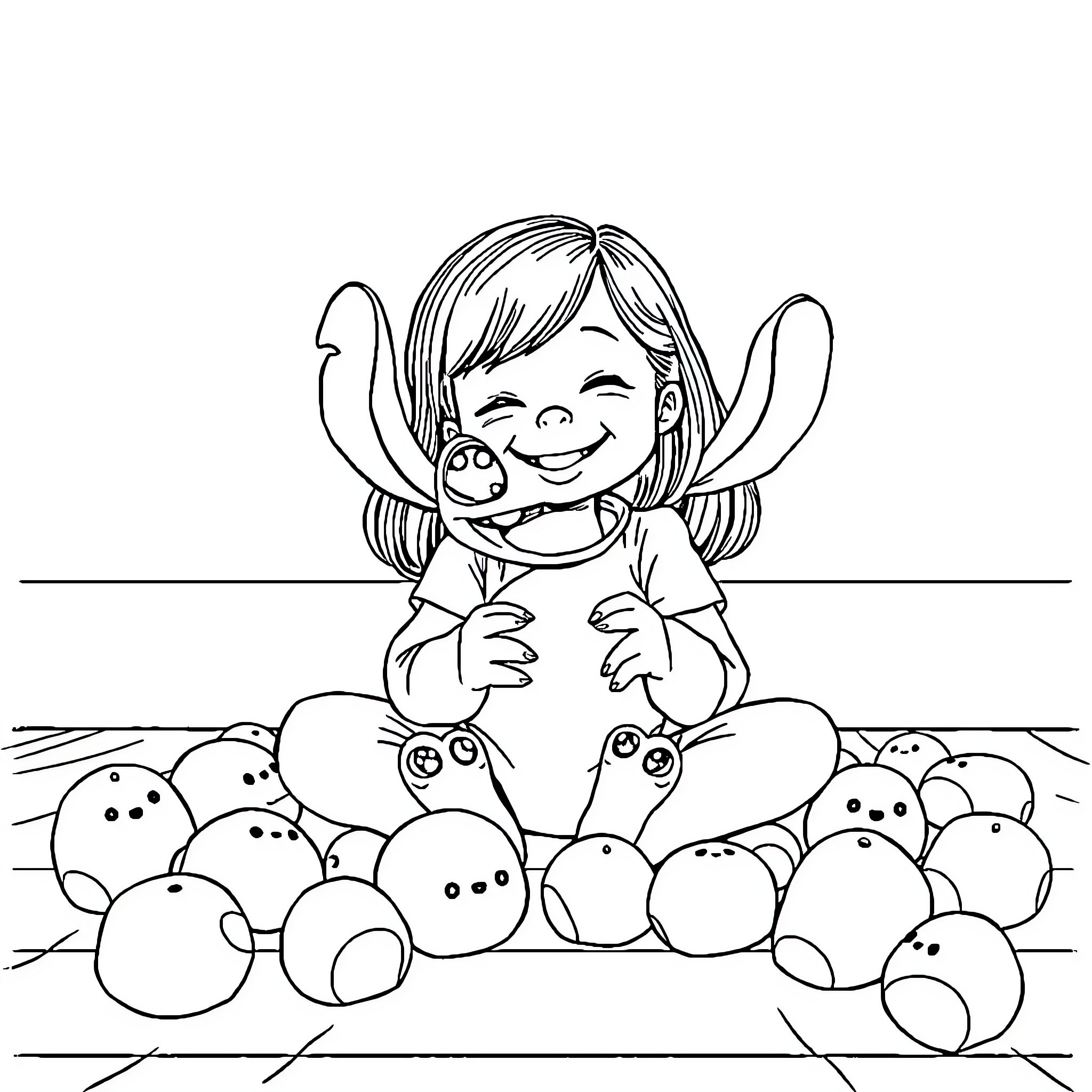 Girl surrounded by happy snowballs Coloring Page (free black-and-white line drawing printable PDF for all, from beginners to advanced learners, including children, teens, adults, and seniors)