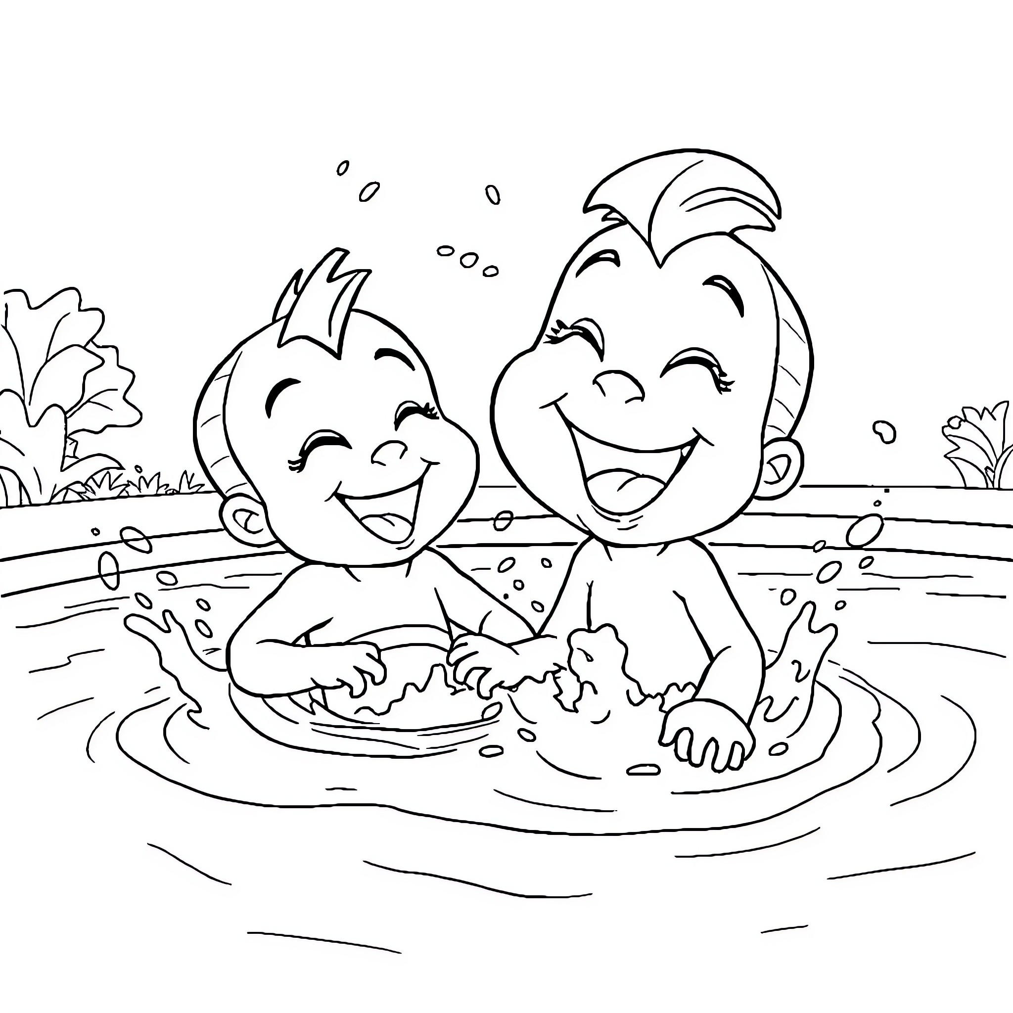 Bingo: Children playing joyfully in a puddle Coloring Page (free black-and-white line drawing printable PDF for all, from beginners to advanced learners, including children, teens, adults, and seniors)