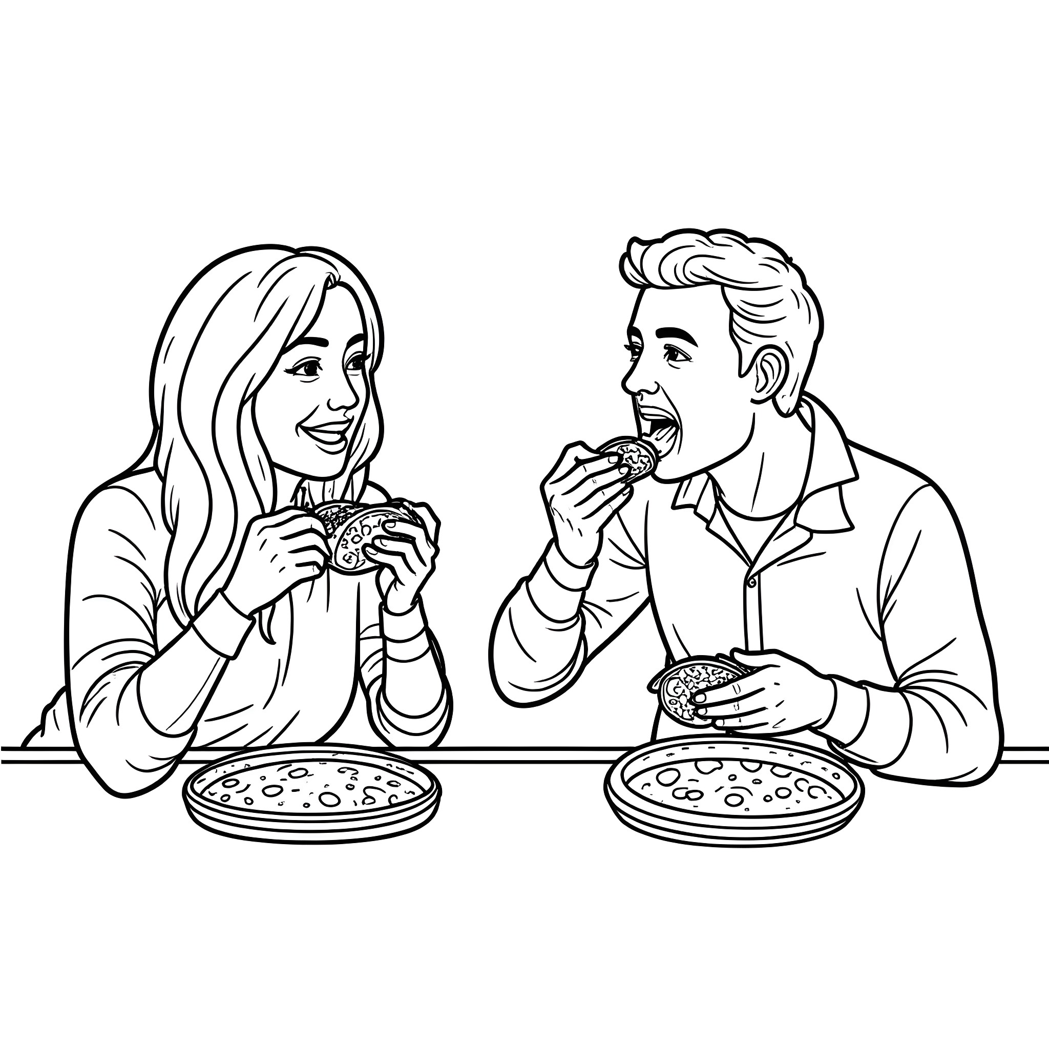 Taco Lovers Enjoying Delicious Meal Together Coloring Page (free black-and-white line drawing printable PDF for all, from beginners to advanced learners, including children, teens, adults, and seniors)